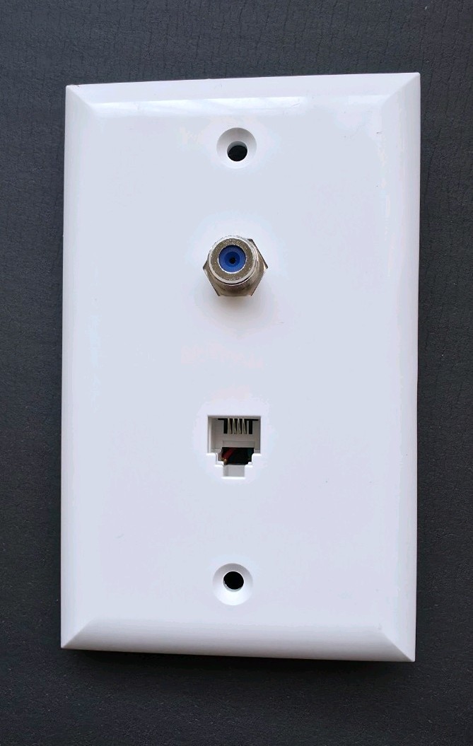 White Wall Plate with Coaxial F-Type Connector and RJ11 Telephone Jack