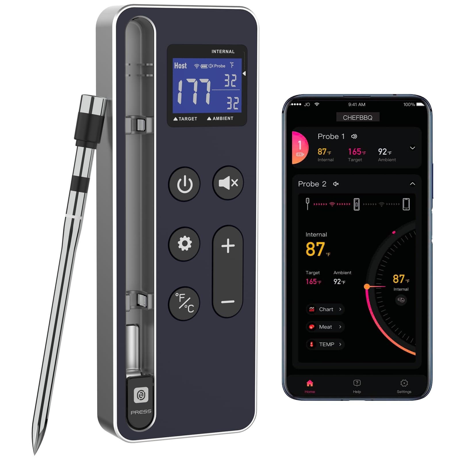 Wireless Meat Thermometer 800FT Bluetooth NIST ±0.5°F Magnet Base BBQ Smoker
