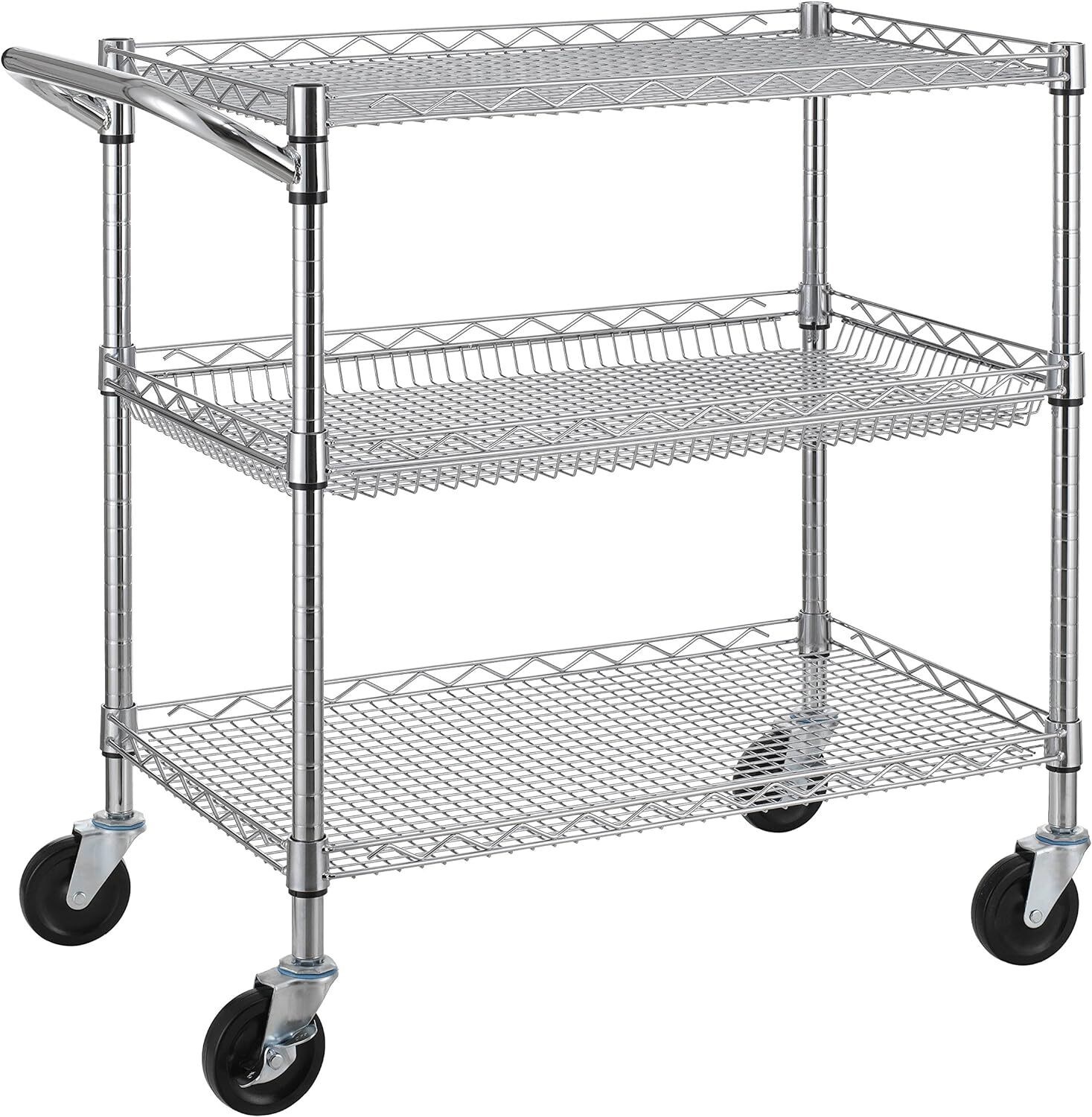 3 Tier Heavy Duty Utility Cart Wire Rolling with Handle Bar Steel Shelf Trolley
