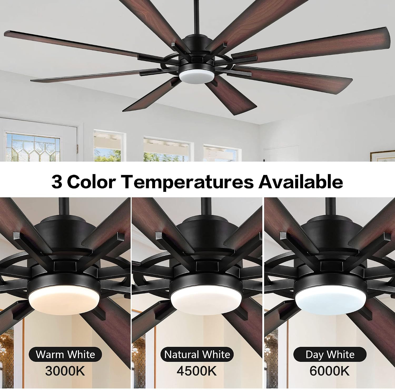 60" DC Ceiling Fan with Lights and Control, Matte Black Ceiling Fan with Walnut/