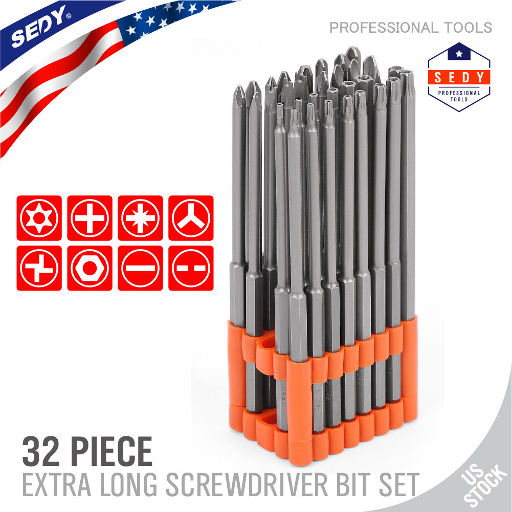 32pc Extra Long Security Bit Set Tamper Proof Torx Star Tri Wing Pozi w Holder