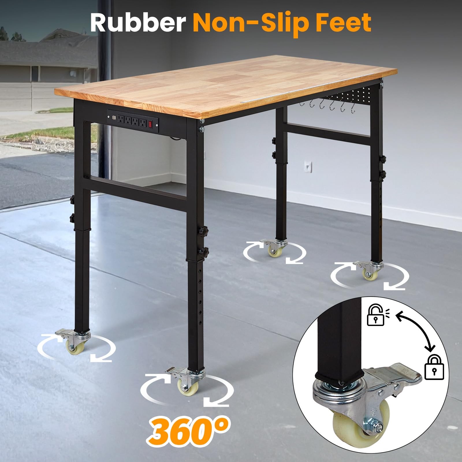 48" Adjustable Workbench w/ Power Outlet, Garage Work Table w/ Wheels & Pegboard