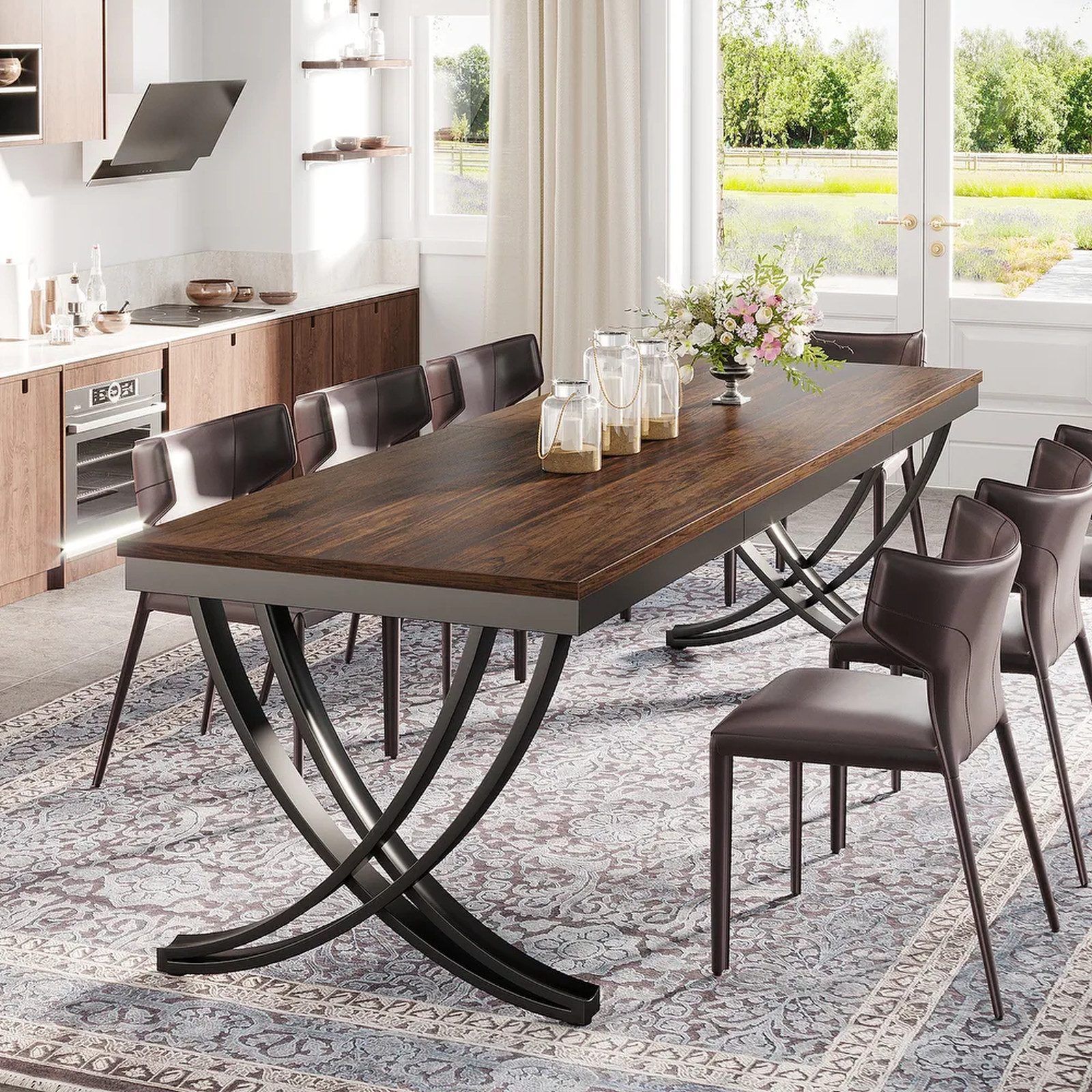 78" Rustic Brown Dining Table Large Rectangular Wood Metal Kitchen Table Seats 8