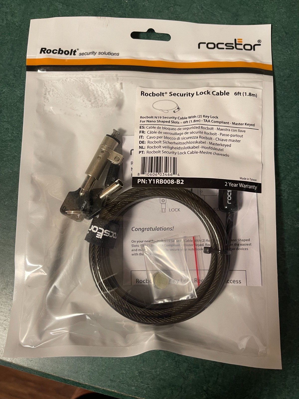 Rocstor Rocbolt Security Lock Cable 6ft Key Lock (2)  Y1RB008-B2