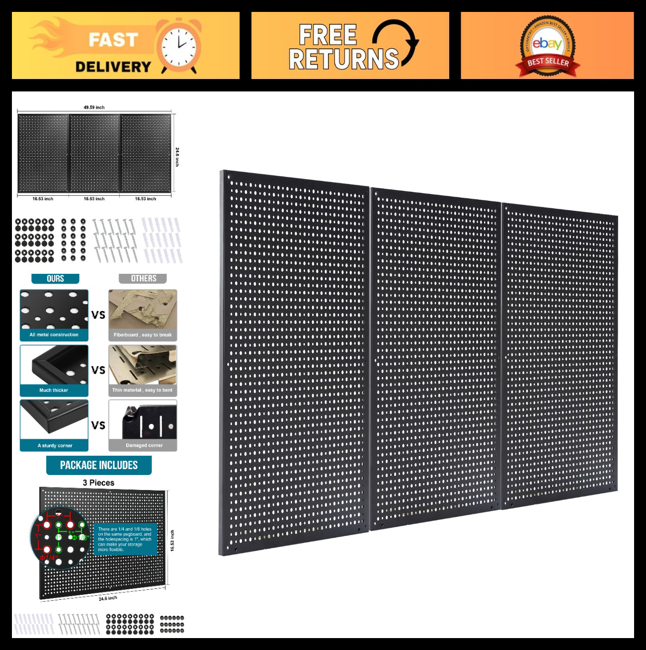 Heavy Duty Metal Pegboard Panels - 3 Pack 16"x24" Tool Organizer for Garage, Wor