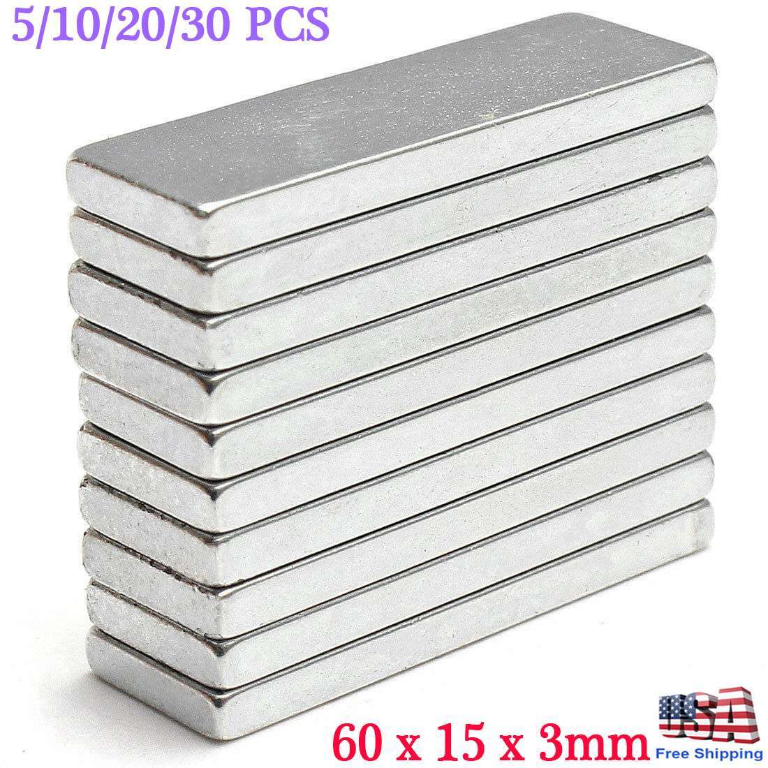 10/20/30pcs Super Strong Block Fridge Magnet Rare Earth Neodymium 60x15x3mm N38