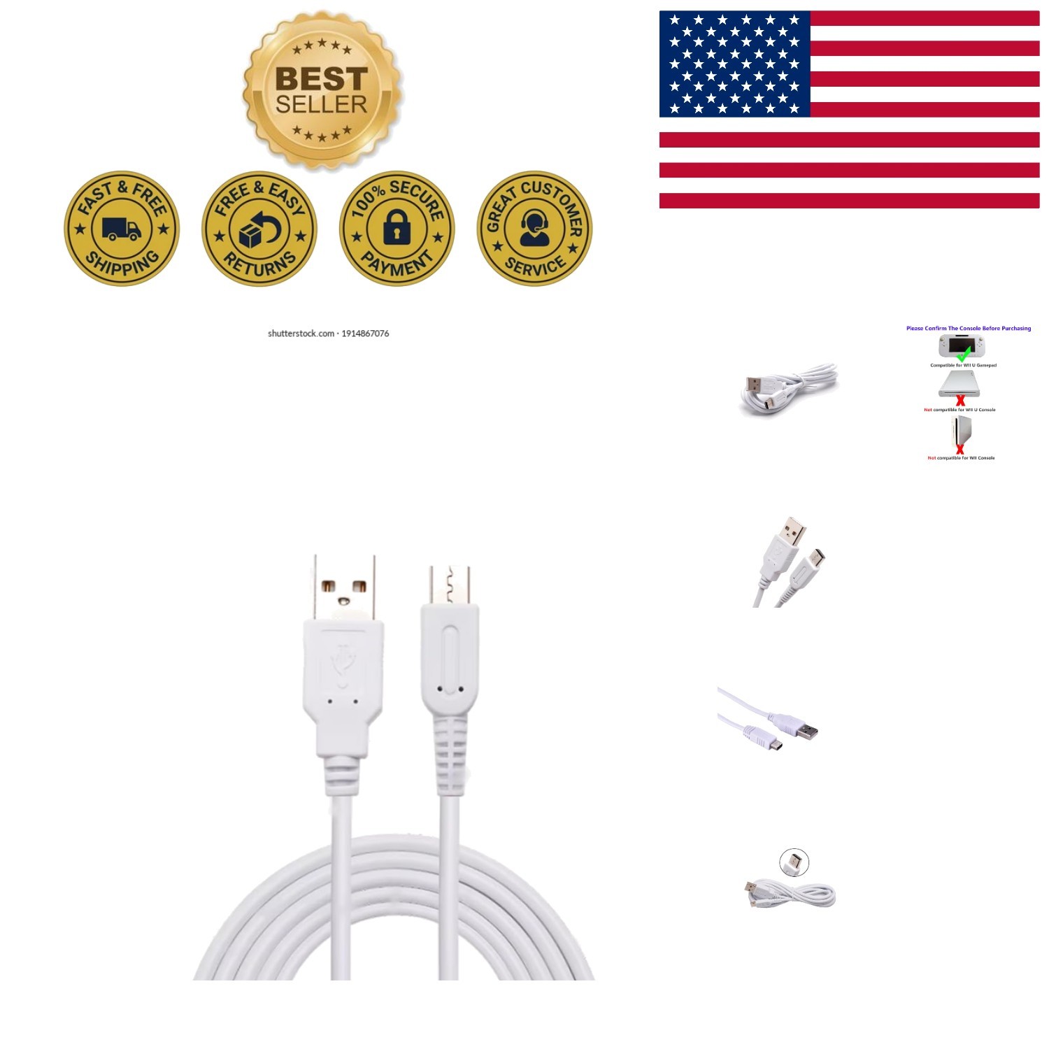 Durable USB Charger Cable for Wii U Gamepad - 1.2 Meter Length, Safe & Reliable