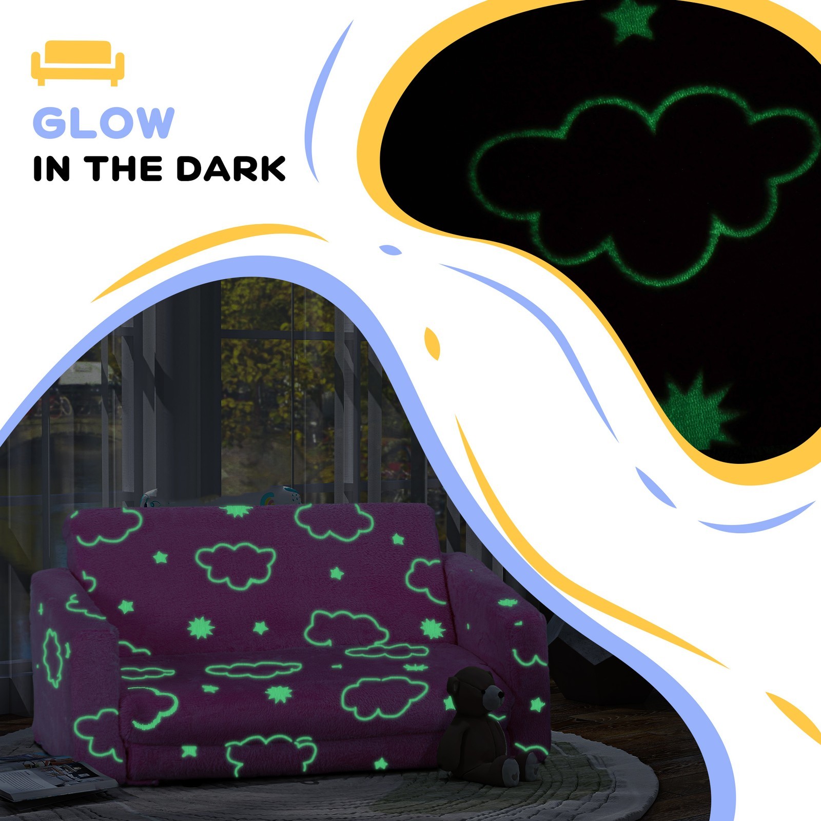 2 in 1 Kids Sofa Chair, Toddler Couch with Glow in The Dark Cosmic Patten
