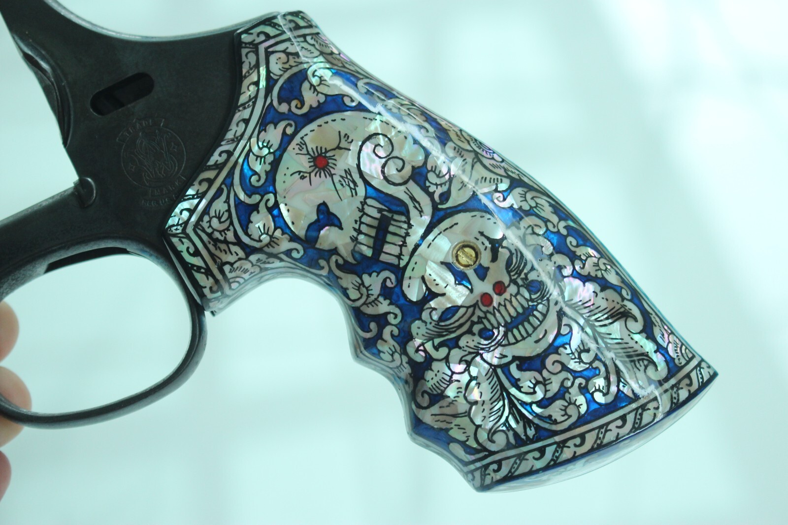 MOTHER OF PEARL GRIPS FOR S&W K, L FRAME SQ/RD BUTT BLUE SKULL ART VITOONMAKERS
