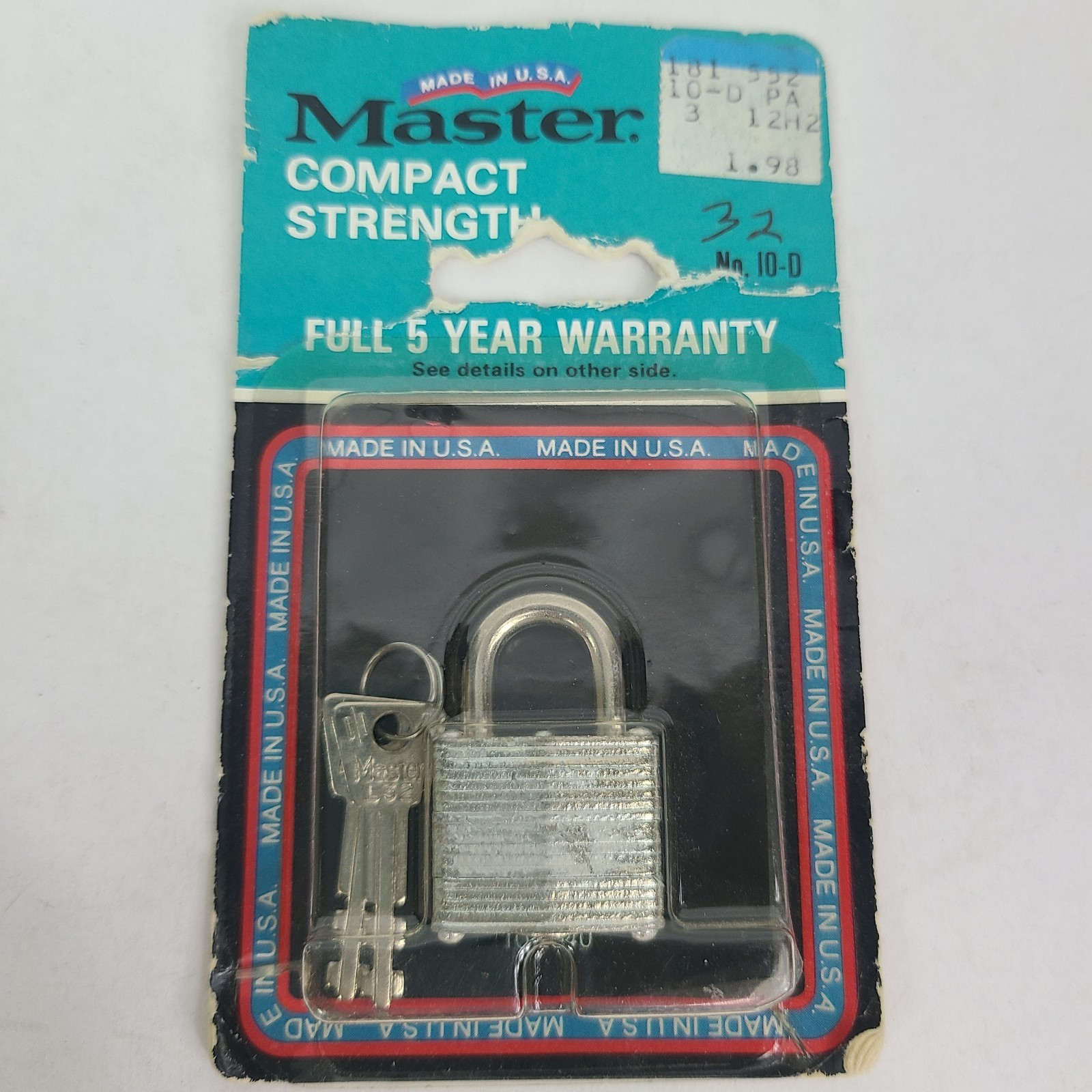 NOS 10-D Master Lock Padlock Small Lock With 2 Keys Vintage New OS Made In USA
