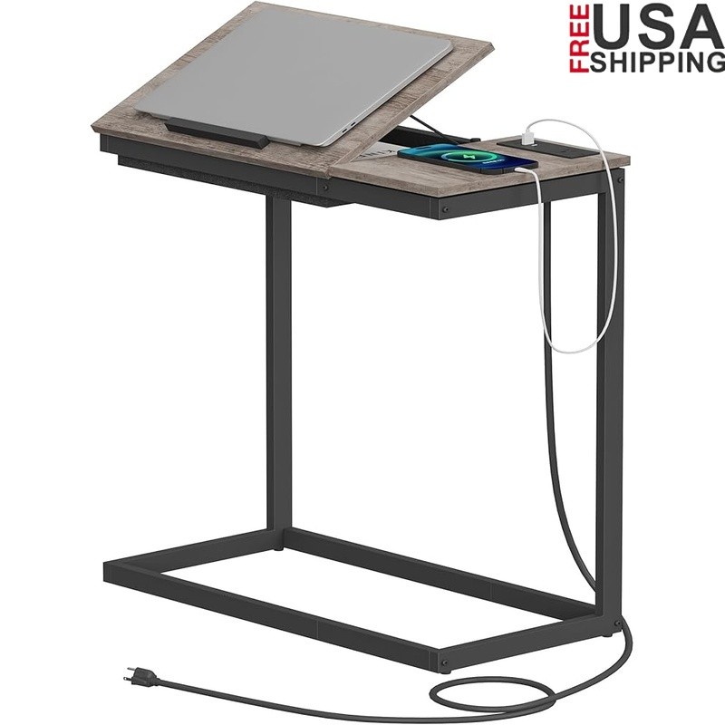 C Shaped End Table W/ Charging Station Adjustable Tilt Side Table USB Type-C