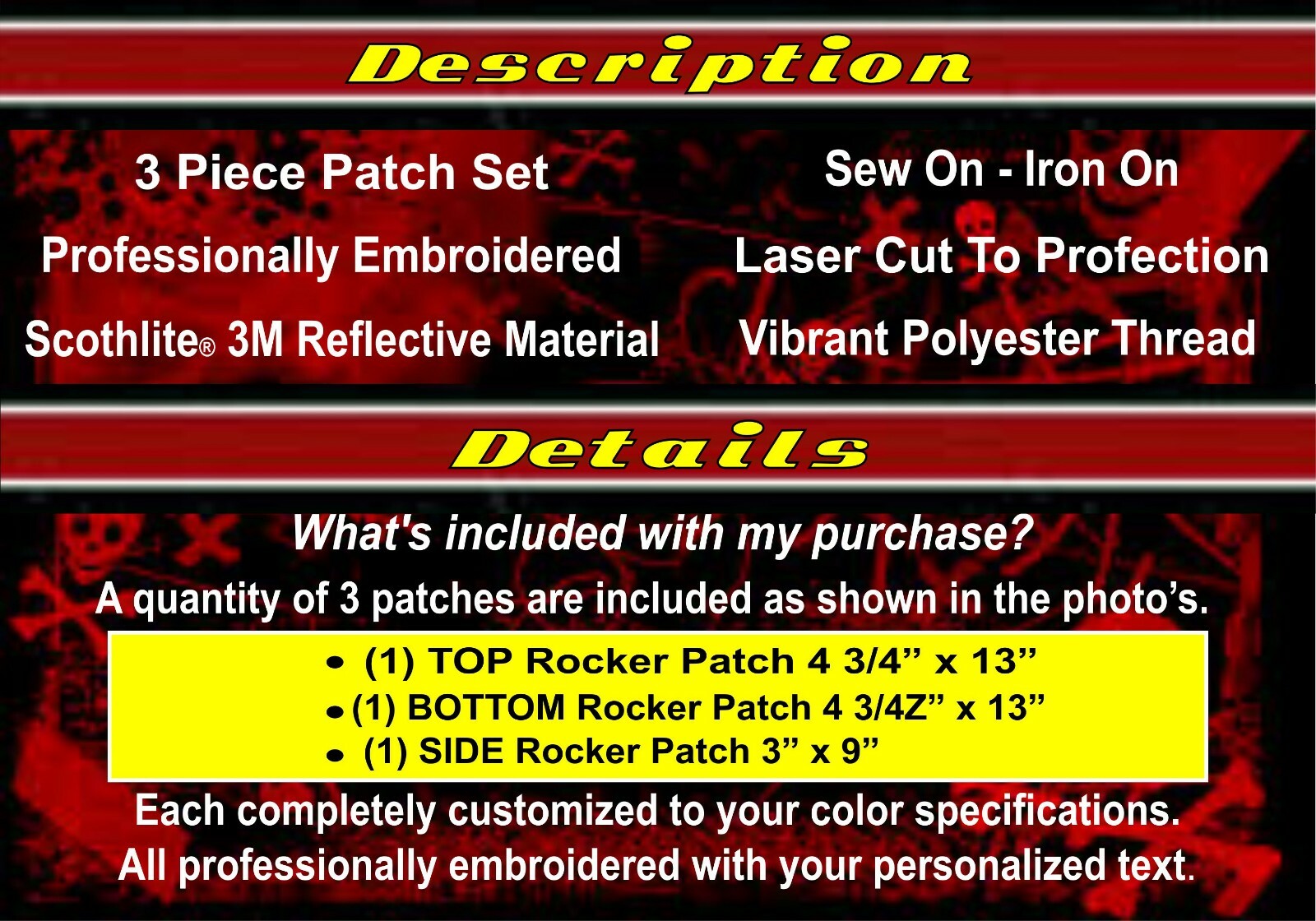 13" REFLECTIVE 3 PC SET CUSTOM EMBROIDERED MC ROCKER PATCH 3M® MOTORCYCLE BIKER