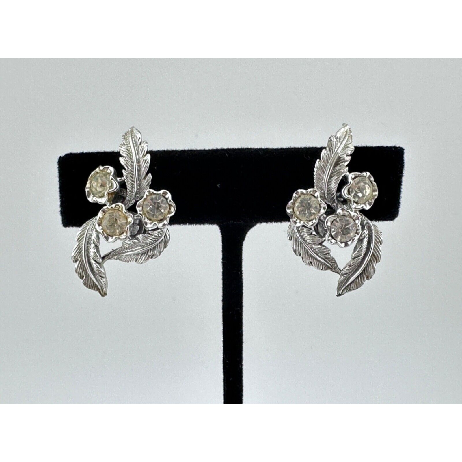 Coro Signed Leaf Earrings Silver Rhinestones 1950s Clip-On Vintage