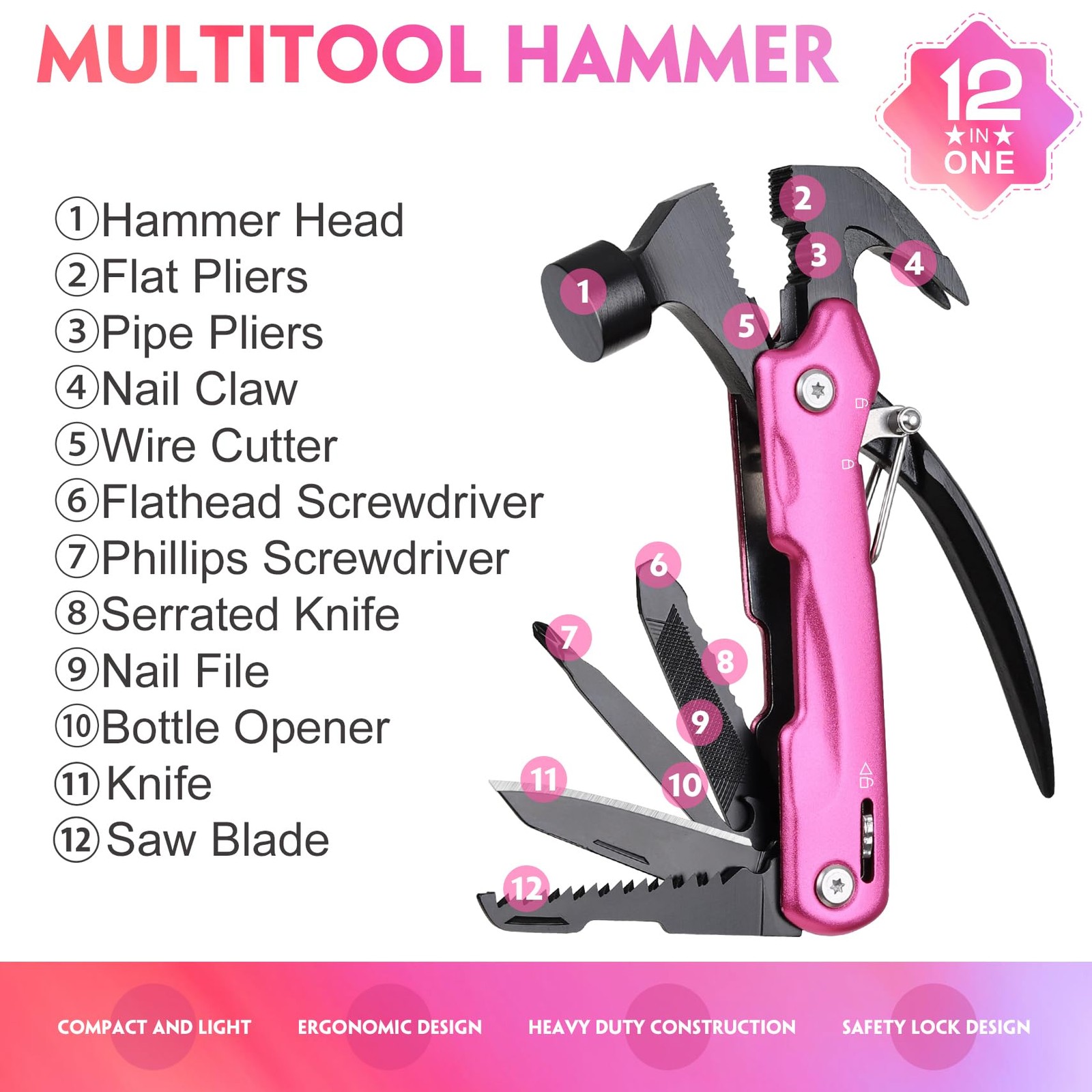 Pink Multitool Hammer Camping Essentials Gear - Stocking Stuffers for