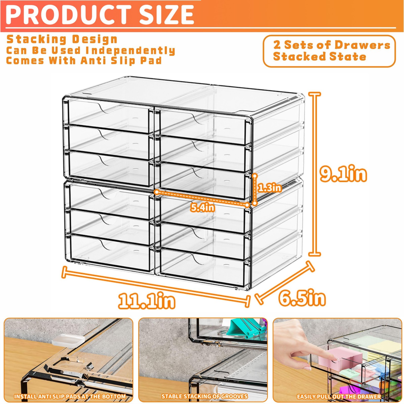 Acrylic Storage Clear Plastic 6 Drawers, Stackable Cabinet Organizer 2 Pack