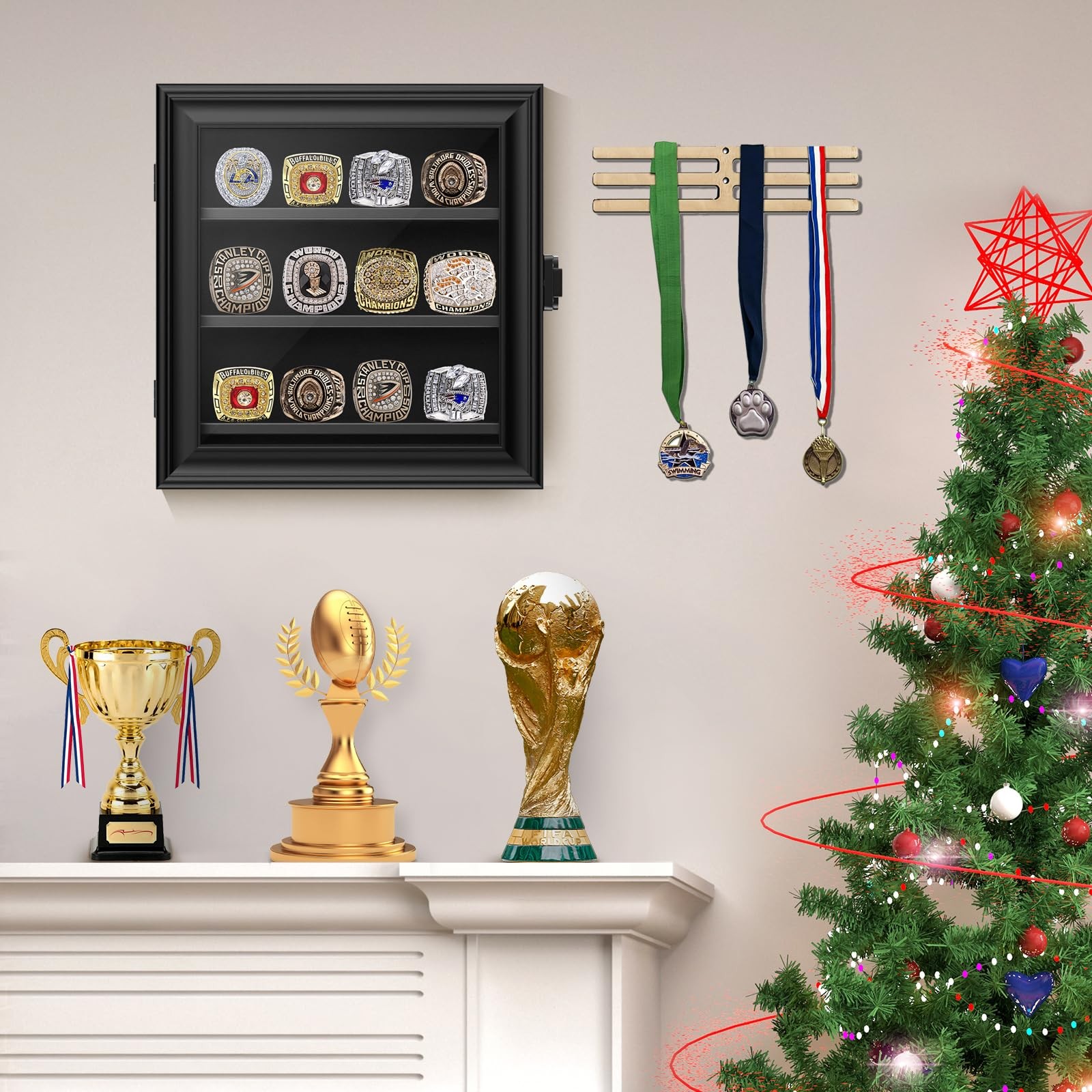 Championship Ring Display Case, 12 Posts 12 Posts-Rectangle, Black