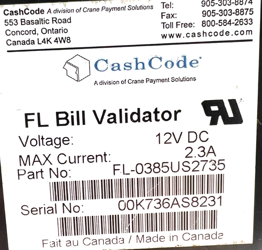 CASH CODE FRONT LOAD BILL VALIDATOR FL-0385US2735