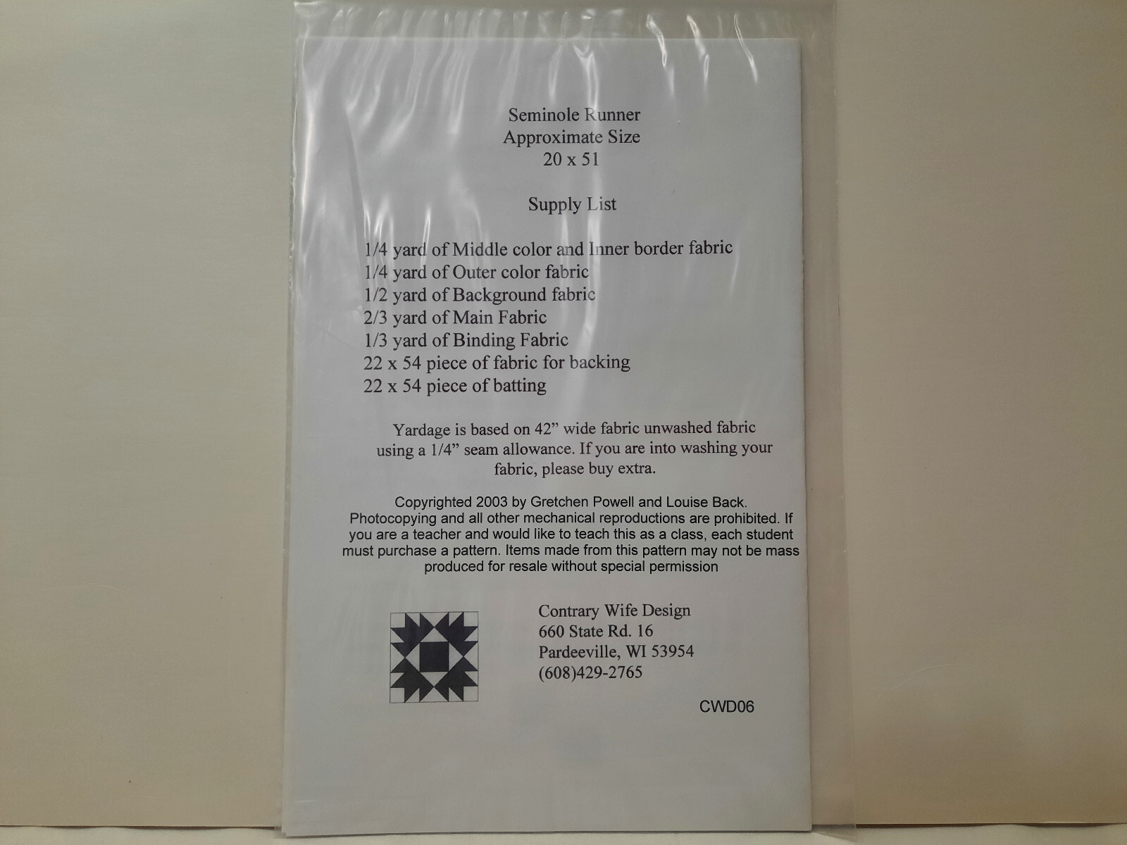 Seminole Table Runner Pattern (Contrary Wife Designs) #CWD06 - 20" x 51"