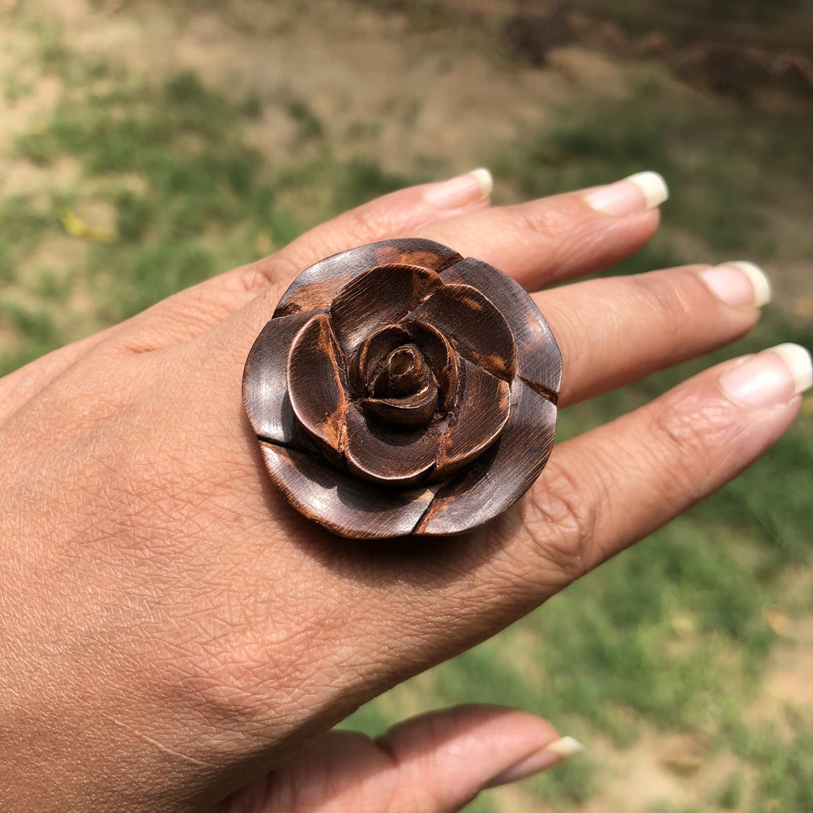 Kadamb Wood Rose Flower Carved Handmade Ring, 35 mm dia, US 8.5 Ring Size, D5