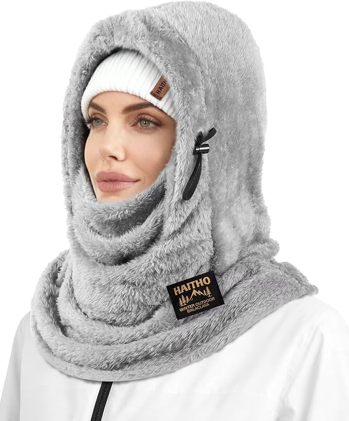 Ski Mask Balaclava for Women Men, Winter Full Face Mask Hooded Scarf for Grey