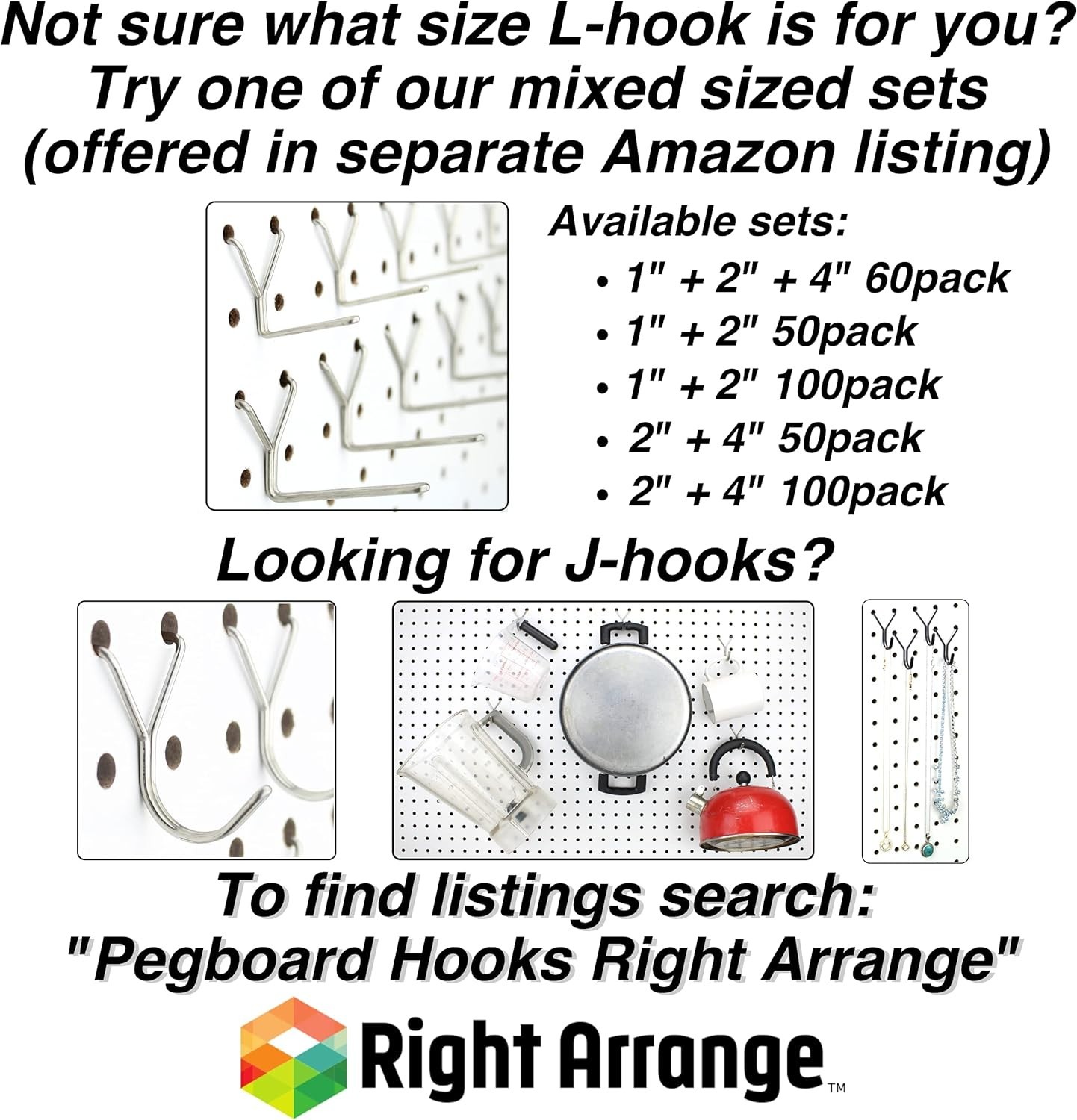 Multipurpose Pegboard Hooks 4" L - 50 Pack
