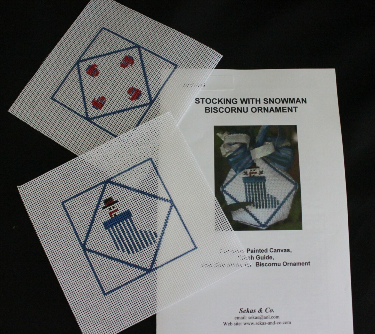 Hand-painted Needlepoint Canvas: Stocking with Snowman Biscornu Ornament