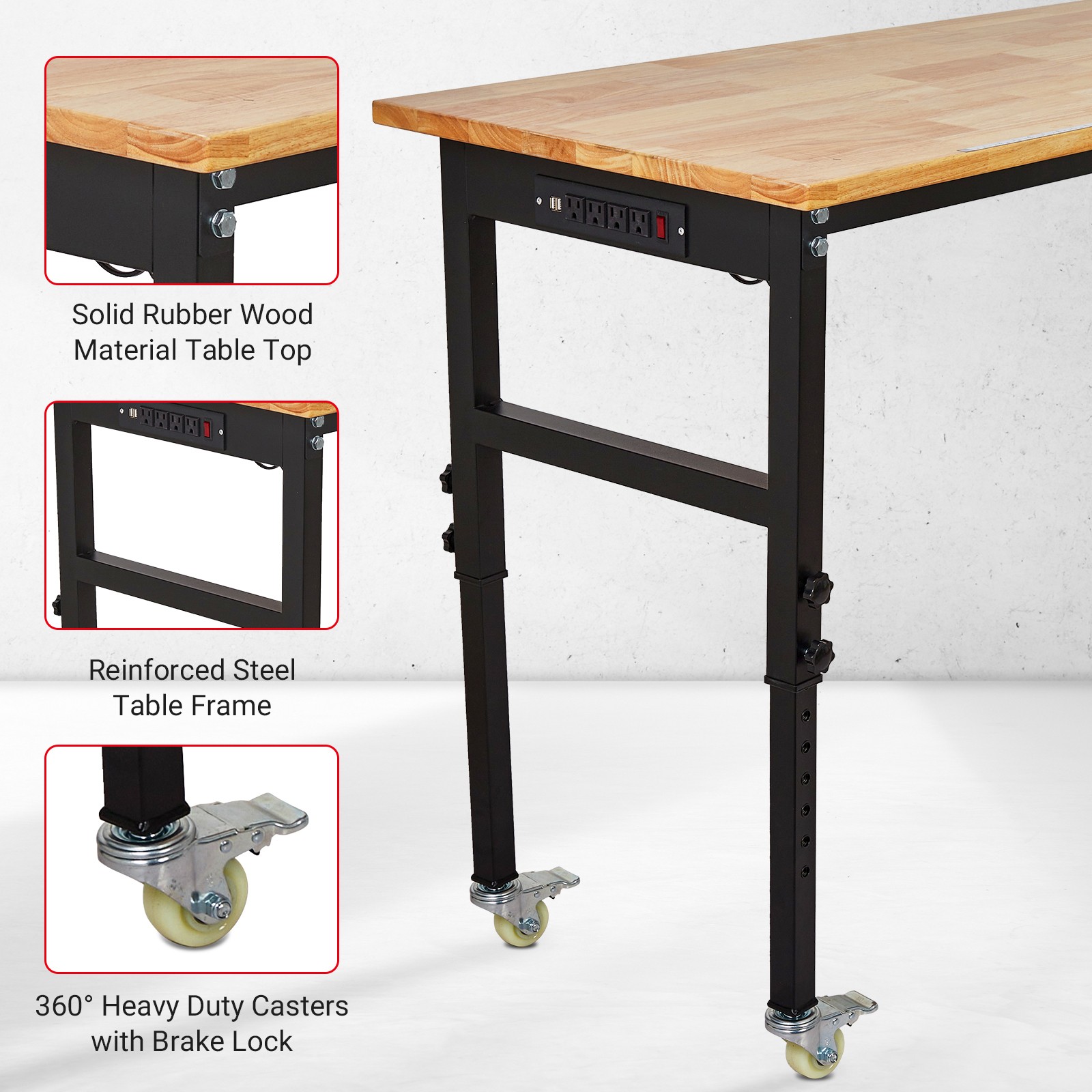 48"X24" Adjustable Workbench with Power Outlet & Wheels Rubber Wood Work Table