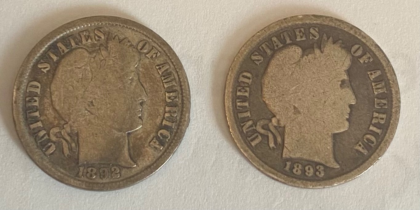 1892&1893 barber dimes nice
