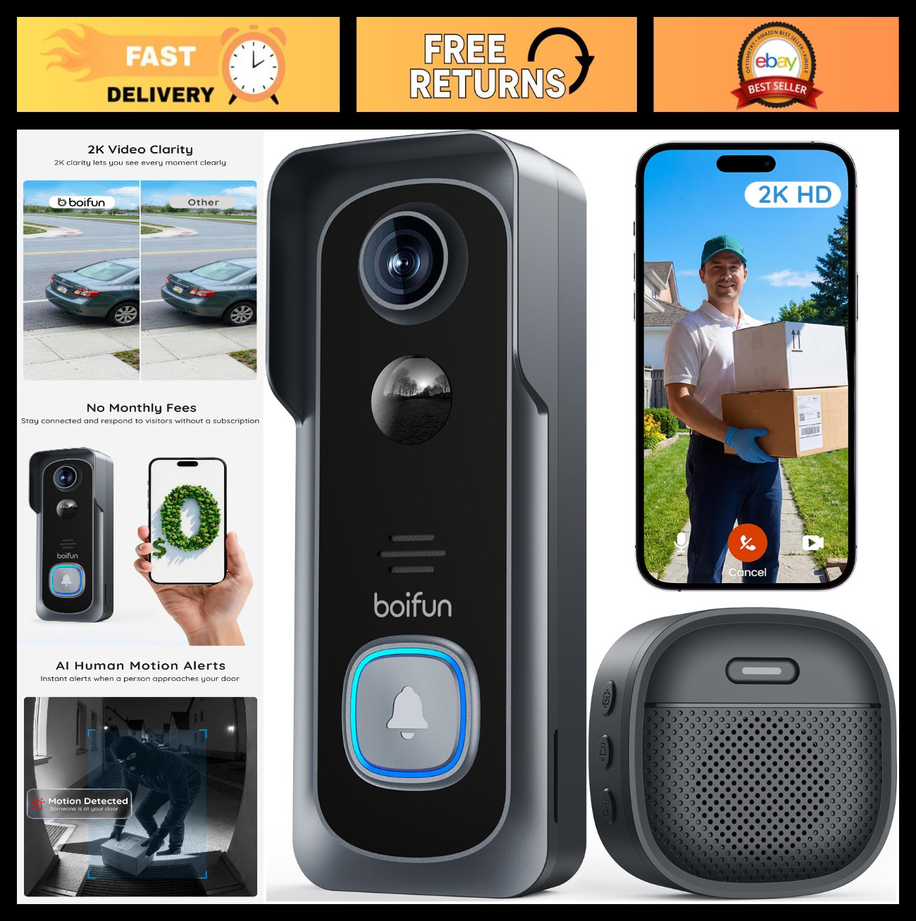 Wireless Video Doorbell Camera - 2K HD, 166° Wide View, Night Vision, Motion Ale