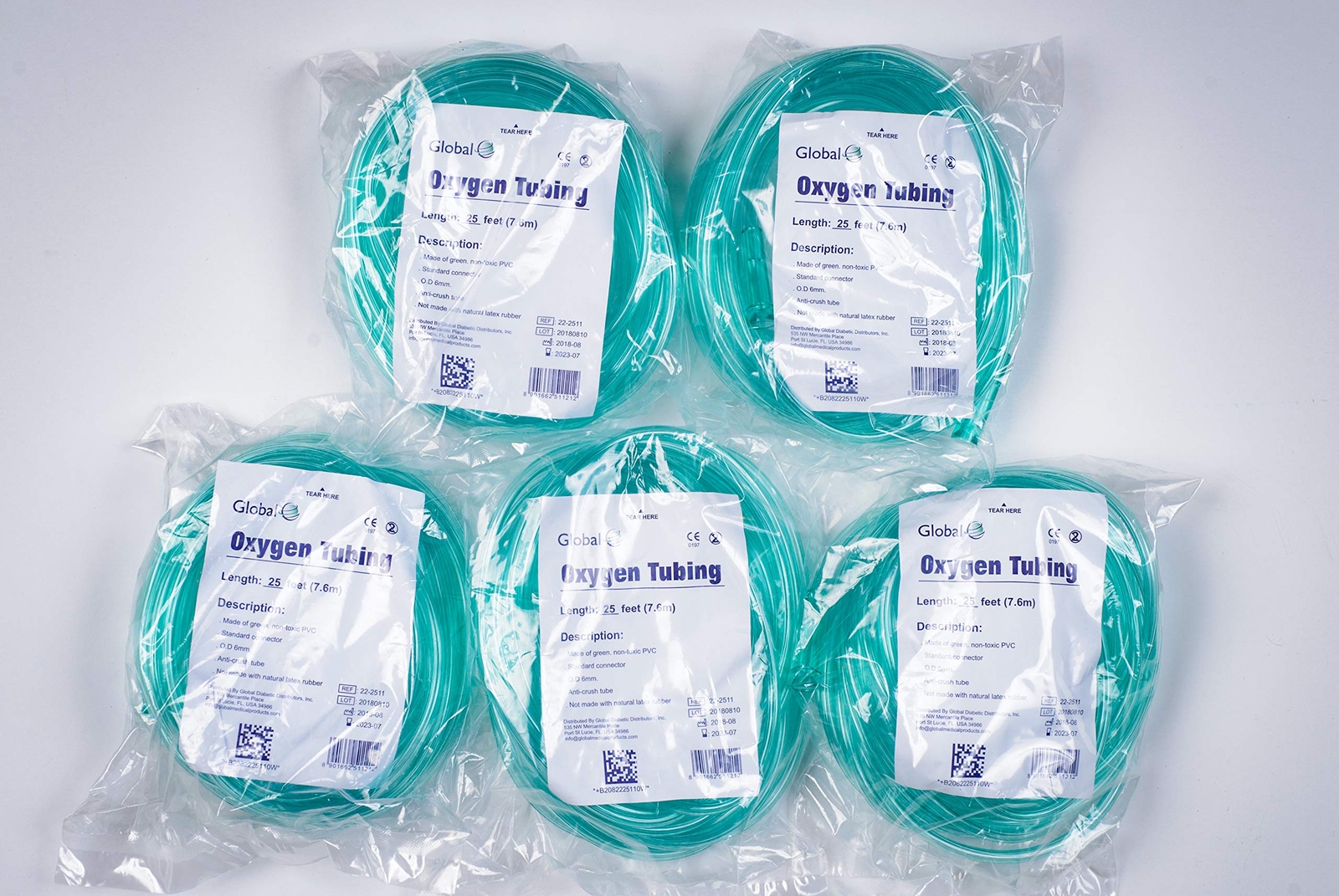 Green Oxygen Tubing 25 Feet 5 Pack Kink Resistant Crush Proof Compatible