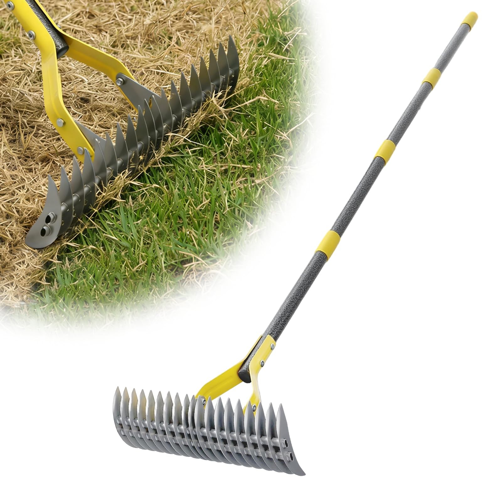 Dual-Action Dethatcher Rake - 19-Tine, Heavy Duty Landscaping Rake, Adjustabl...