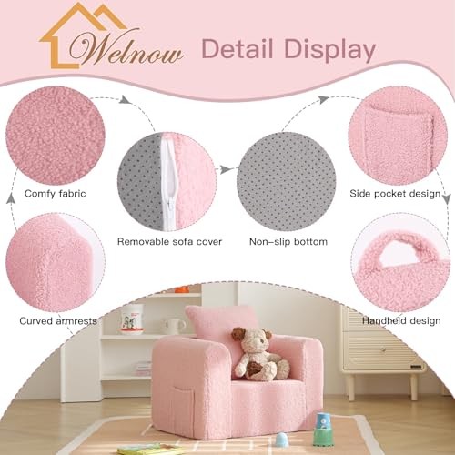 Kids Sofa with Pillow, Cozy Toddler Chair Soft Foam Seat for Sherpa Pink