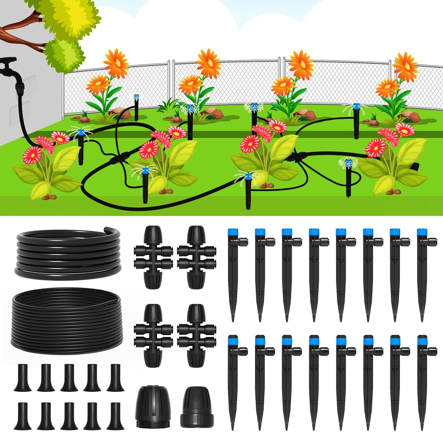 Sistema De Riego Por Goteo 95FT Con Tubo 1/2 Y 1/4 Inch Para Jardin Y Patio