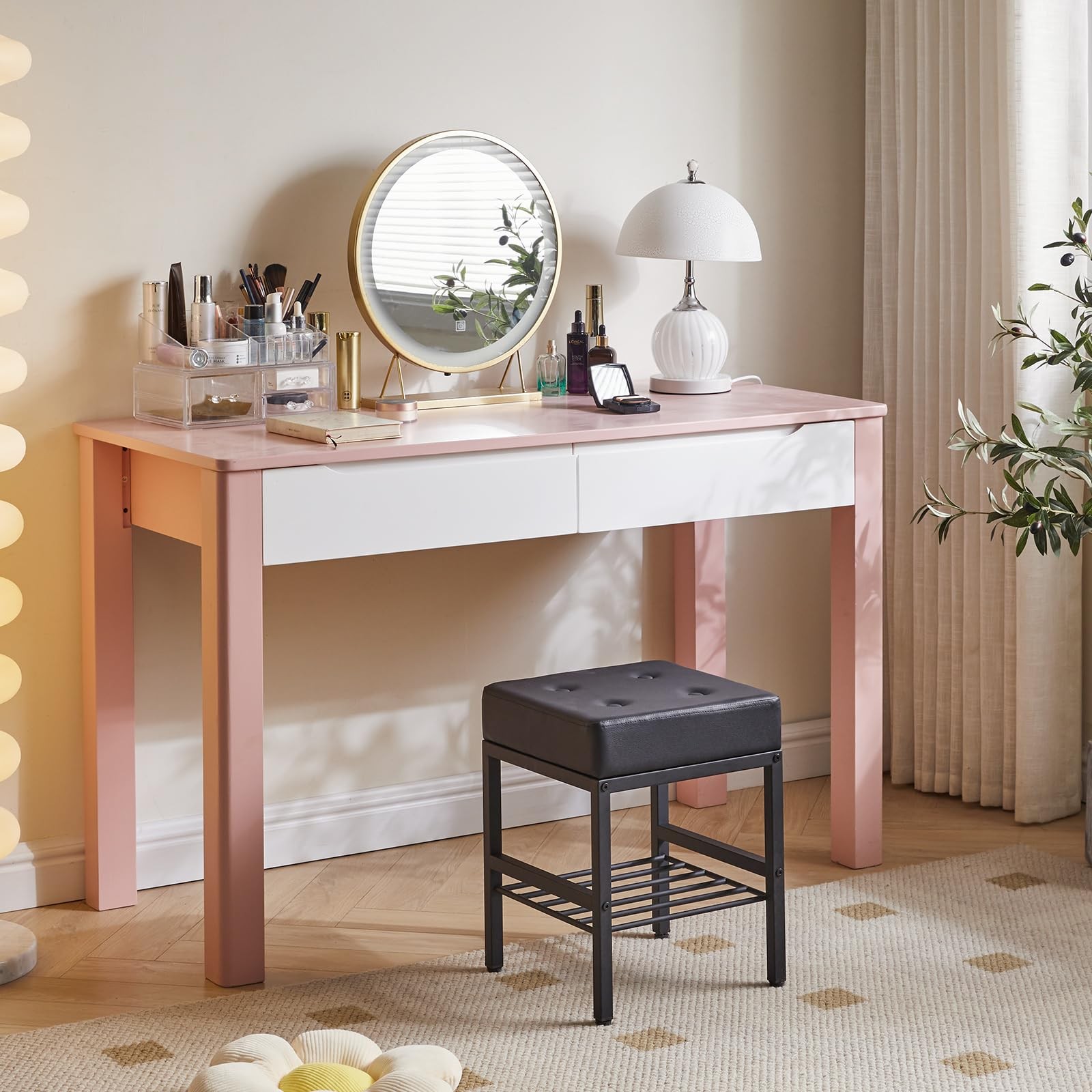 Square Makeup Stool Adjustable Feet Storage Space Footrest Chair PU Vanity
