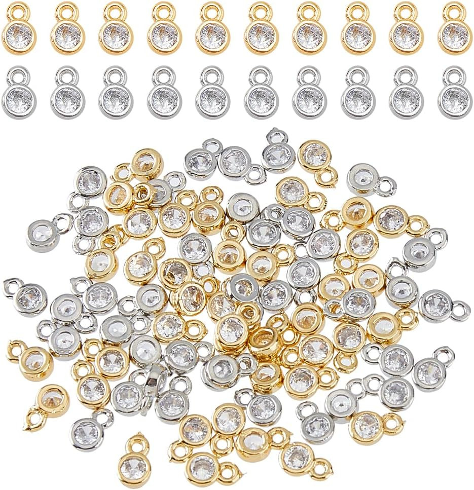 80Pcs 2 Colors Bulk Cubic Zirconia Charms Brass Flat round Pendants Rhinestone C