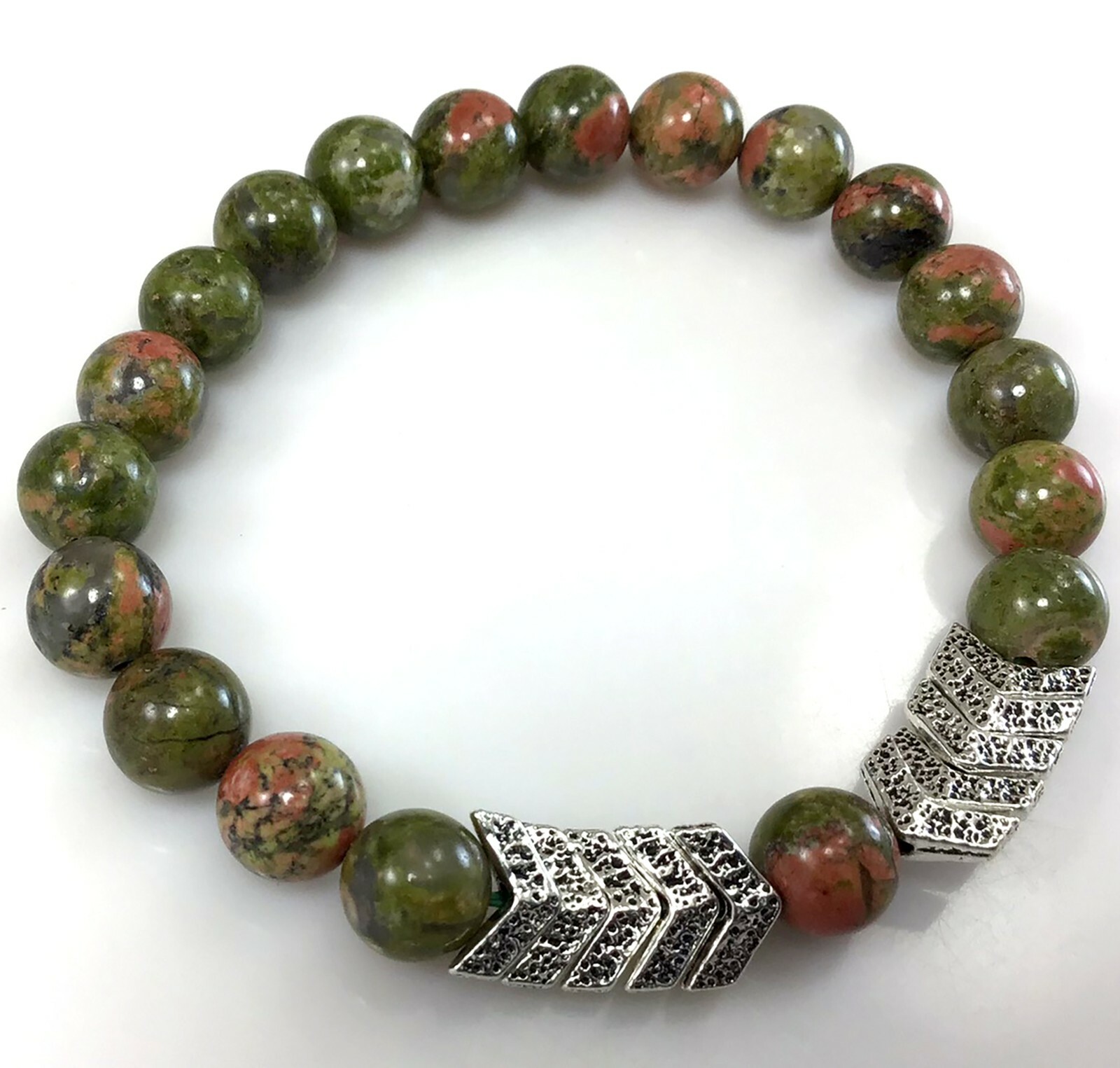 Green Unakite gemstone beaded bracelet with arrow pendant, anxiety relief gift