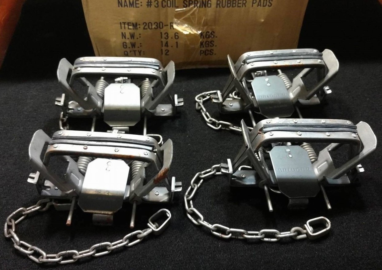 4  BRIDGER #3 RUBBER JAW COIL SPRING TRAP  TRAPPING COYOTE BOBCAT TRAP