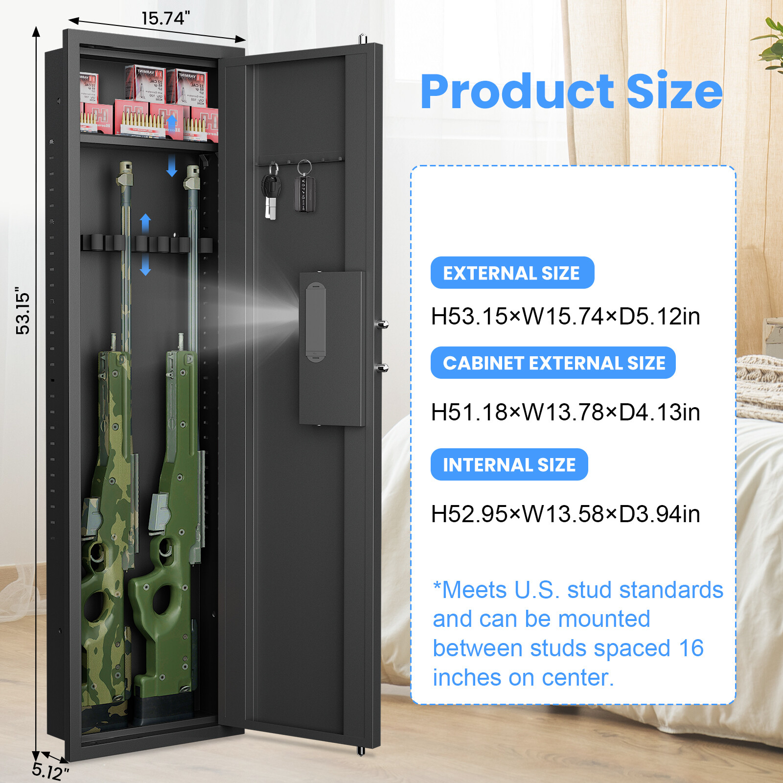 53" Digital Hidden Wall Safe Between Studs Wall Gun Safe for Rifles