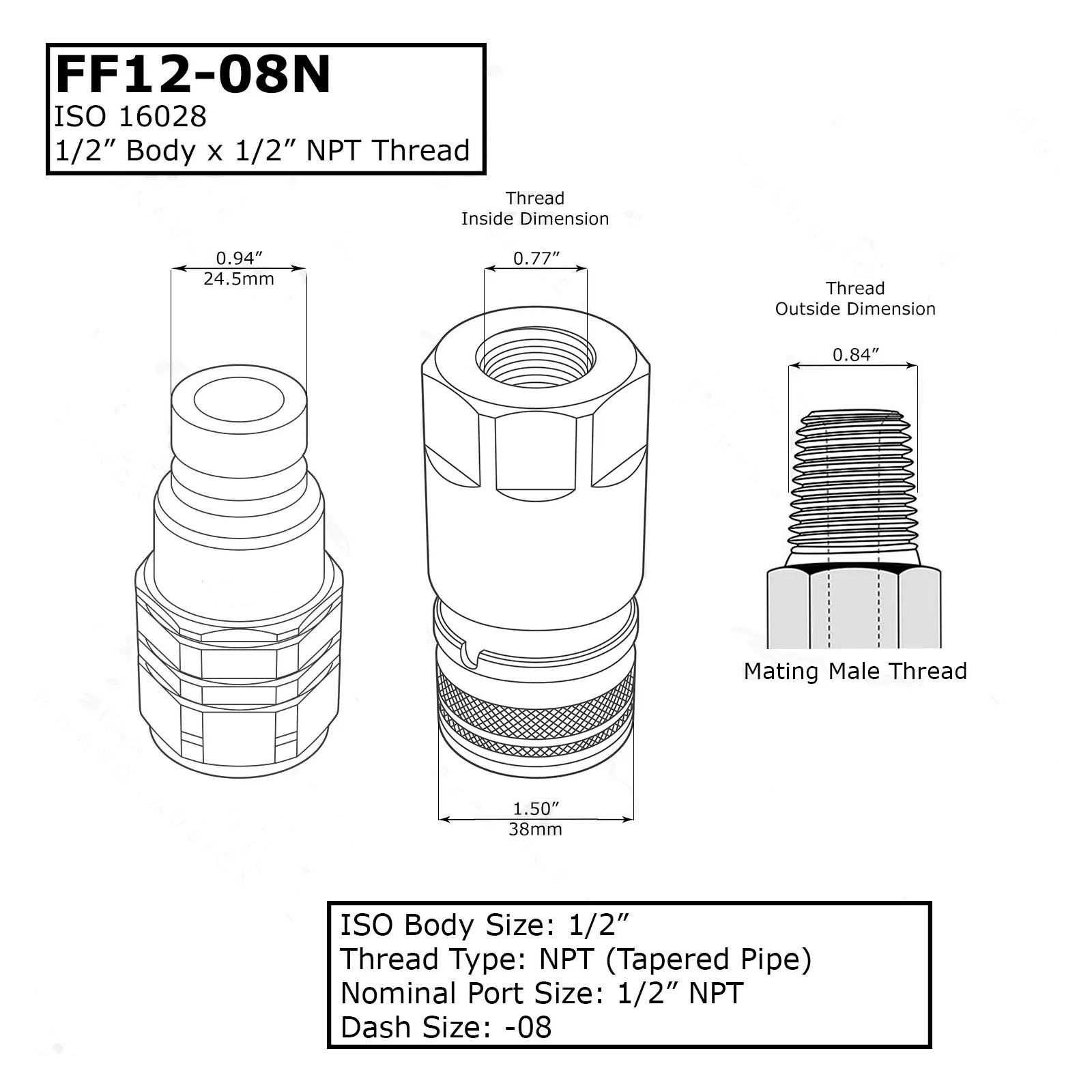 2Sets Flat Face Hydraulic Quick Connect Coupler Set, 1/2" Body x 1/2″ NPT Thread