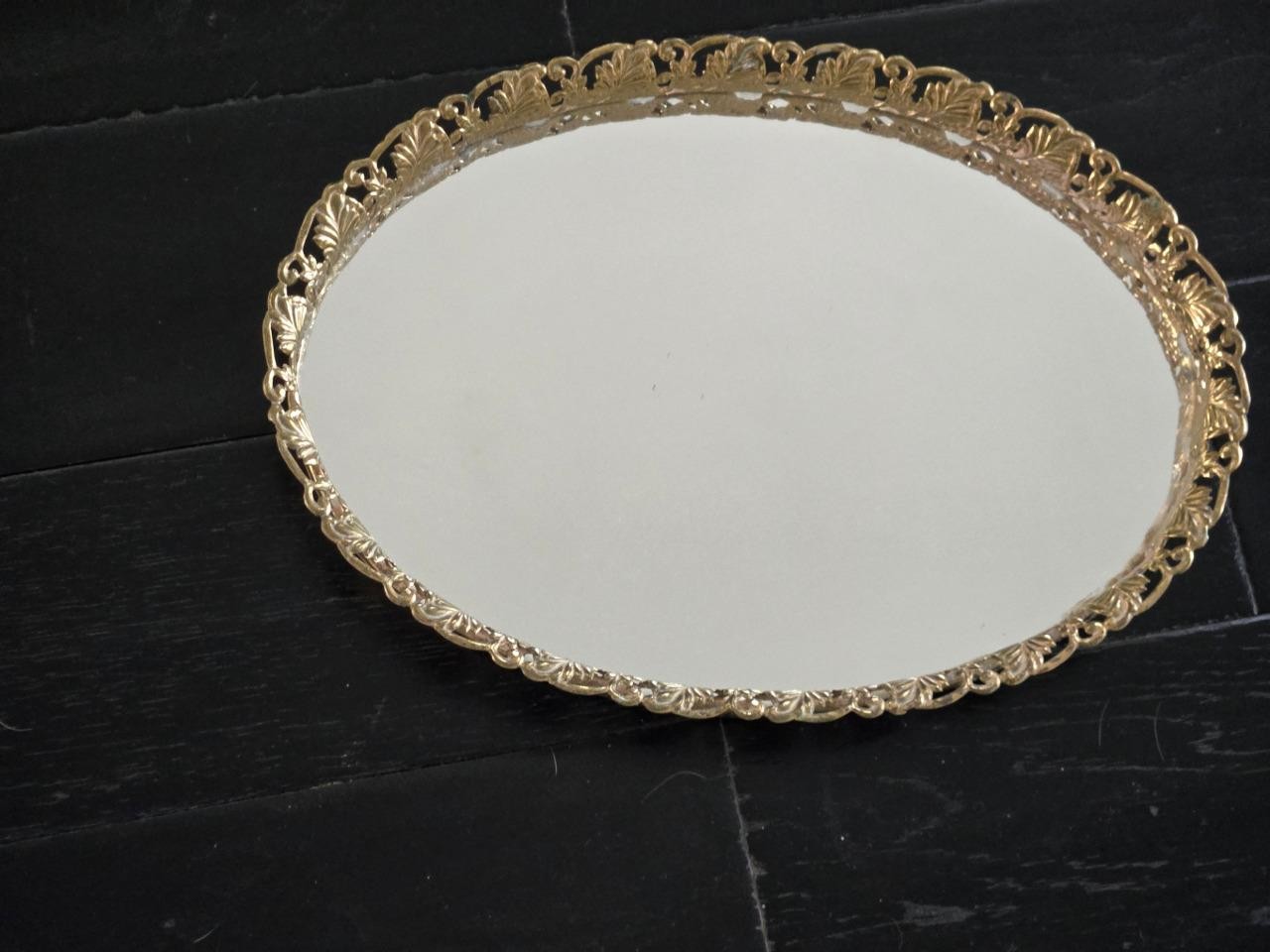 VTG Gold Vanity Dresser Tray Wall Mirror Ornate Art Deco Hollywood Scrolls Metal