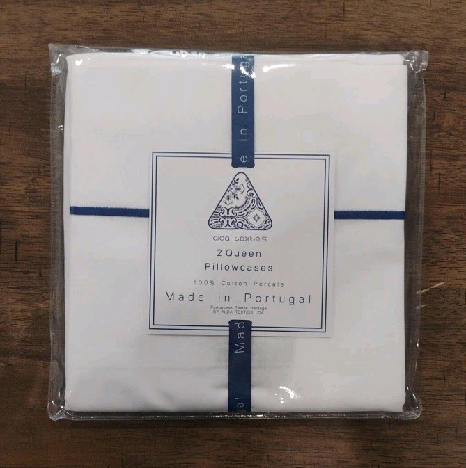 Set Of 2 Alda Texteis QUEEN Pillowcases White Cotton w/ Blue Embroidery Portugal