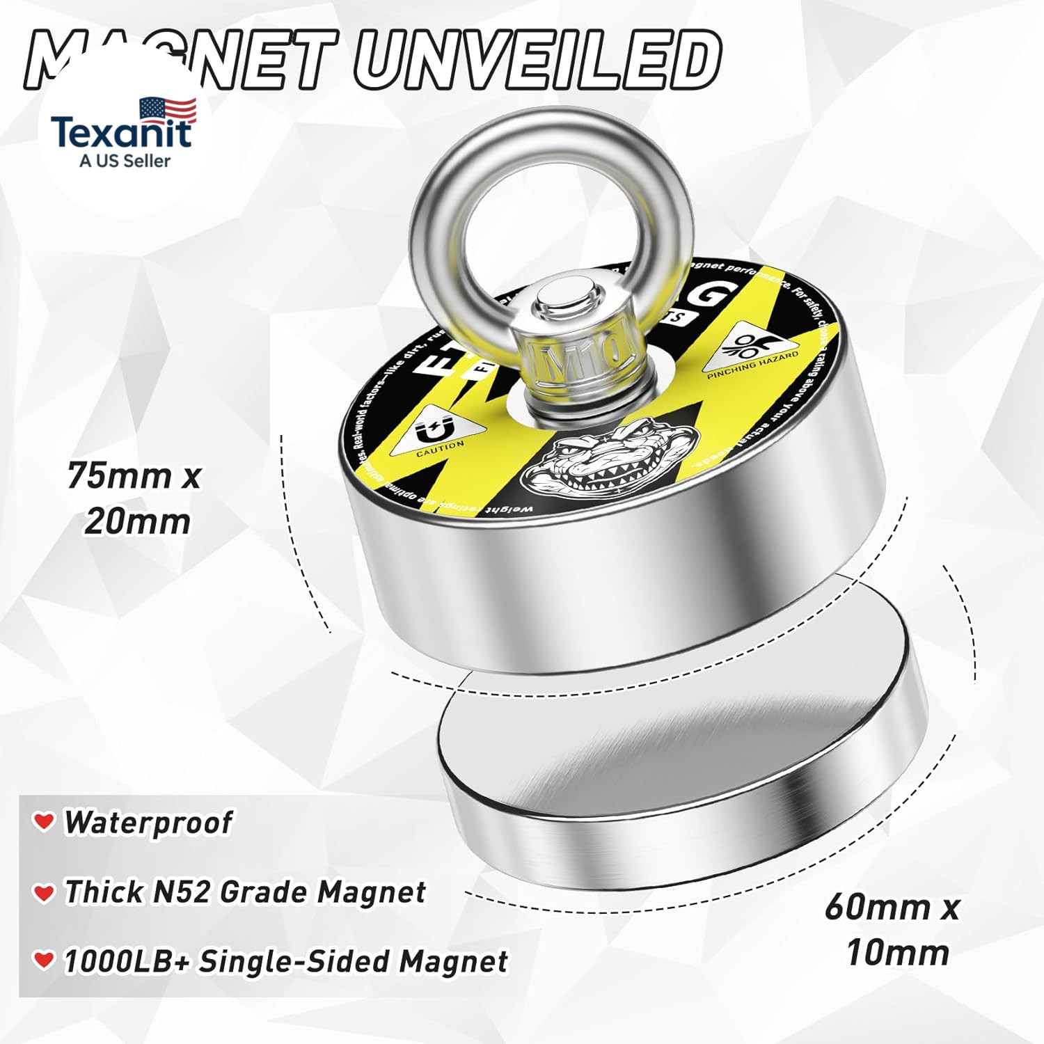 Double Sided 1000 Lbs Pulling Force Magnet Fishing Kit with Case, 2.95" Diameter