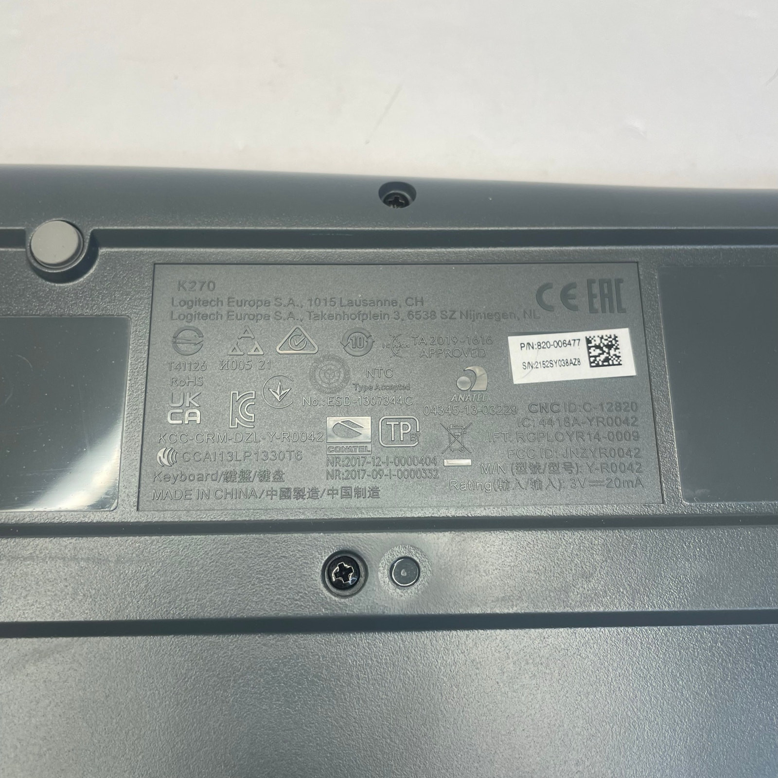 LOGI Logitech K270 keyboard extended number pad no dongle
