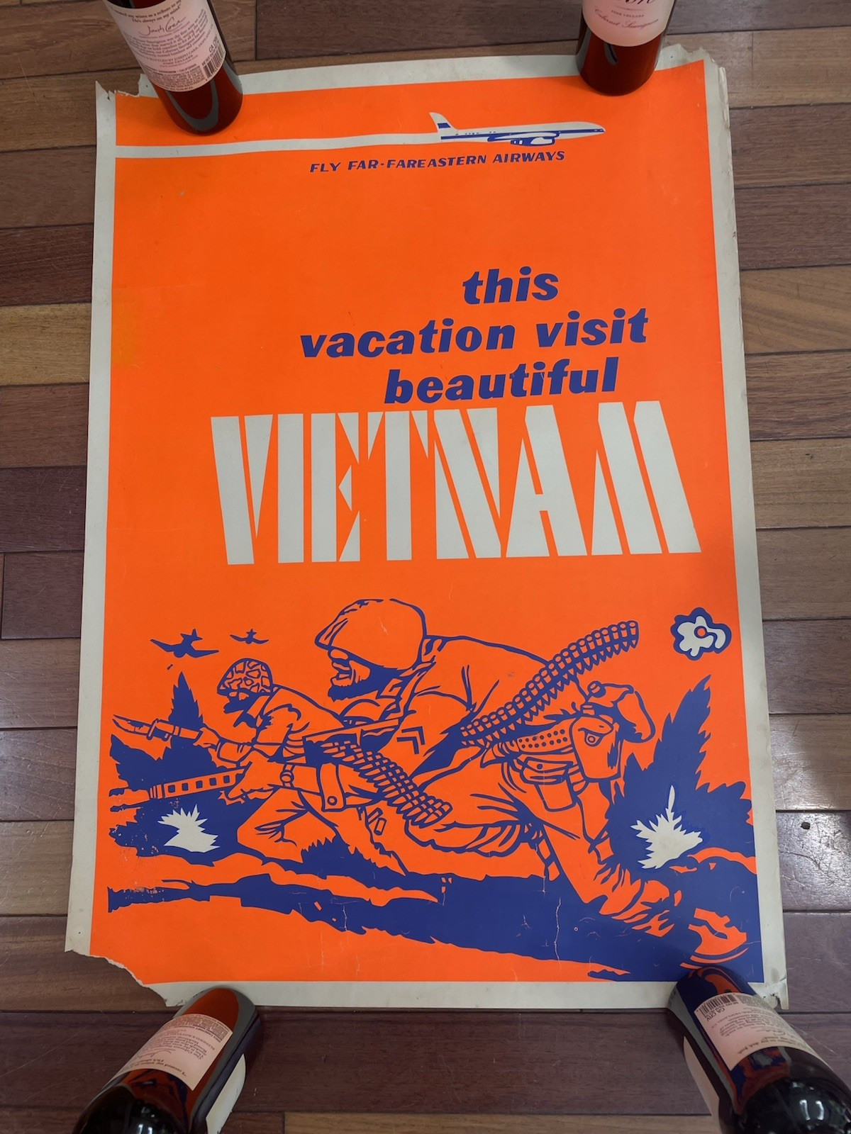 Damaged 1966 Fly Far Fareastern Airways Vietnam Anti War Poster RARE 32"x22 1/2"