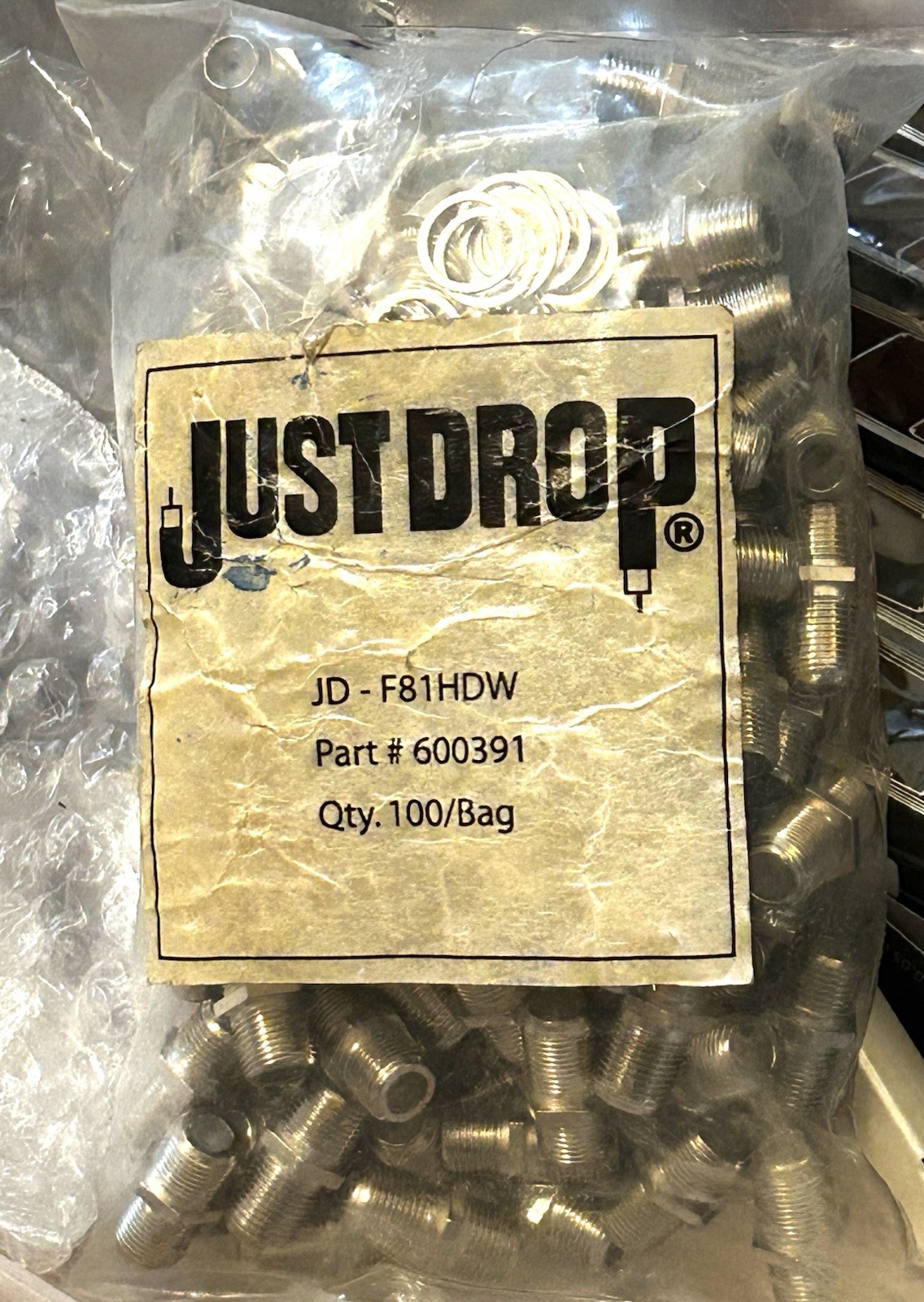 Pack of 100: JUST DROP JD - F81HDW Part # 600391 coaxil cable connectors NEW