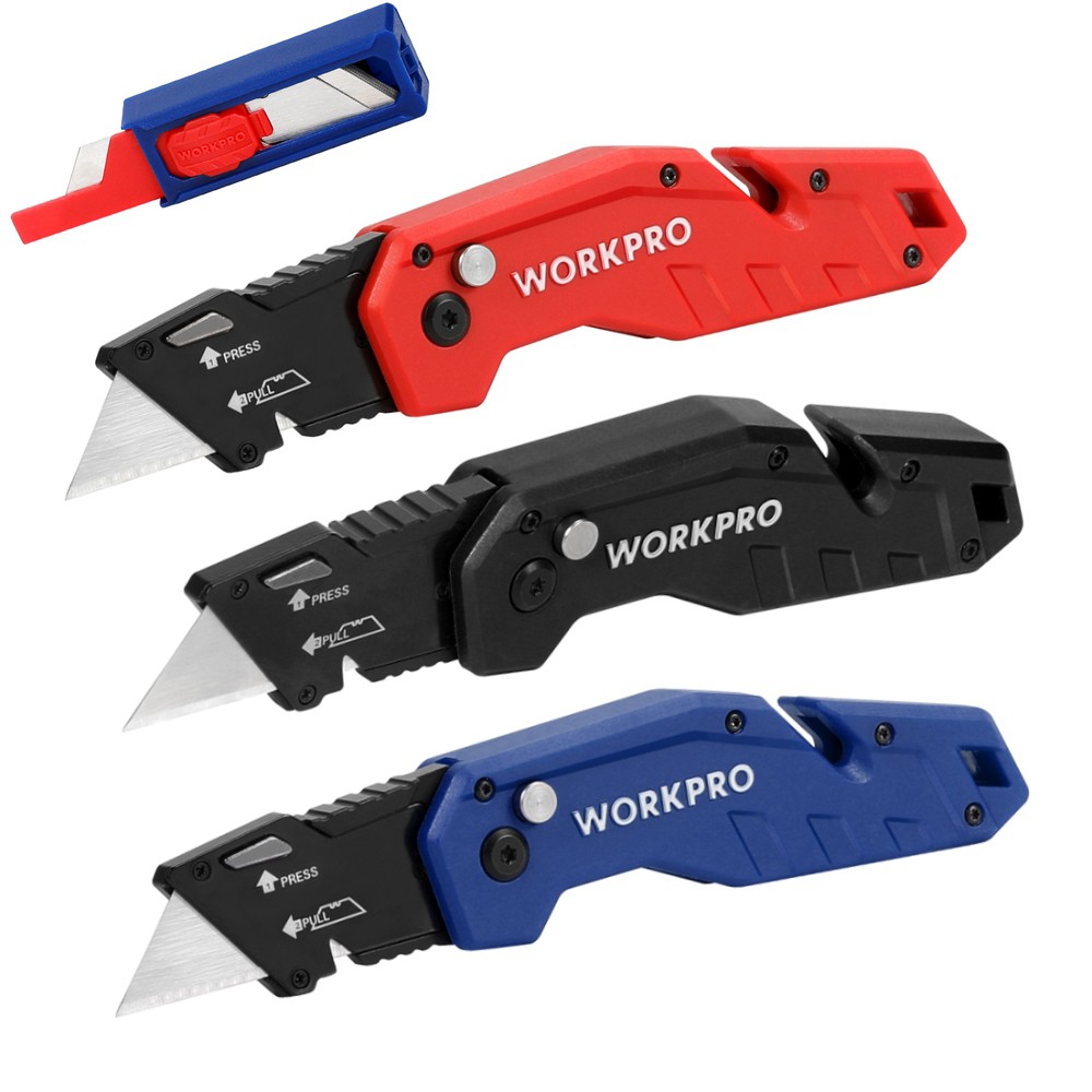 WORKPRO Red/Black/Blue Folding Utility Knife Box Cutter 10PCS Quick-Change Blade