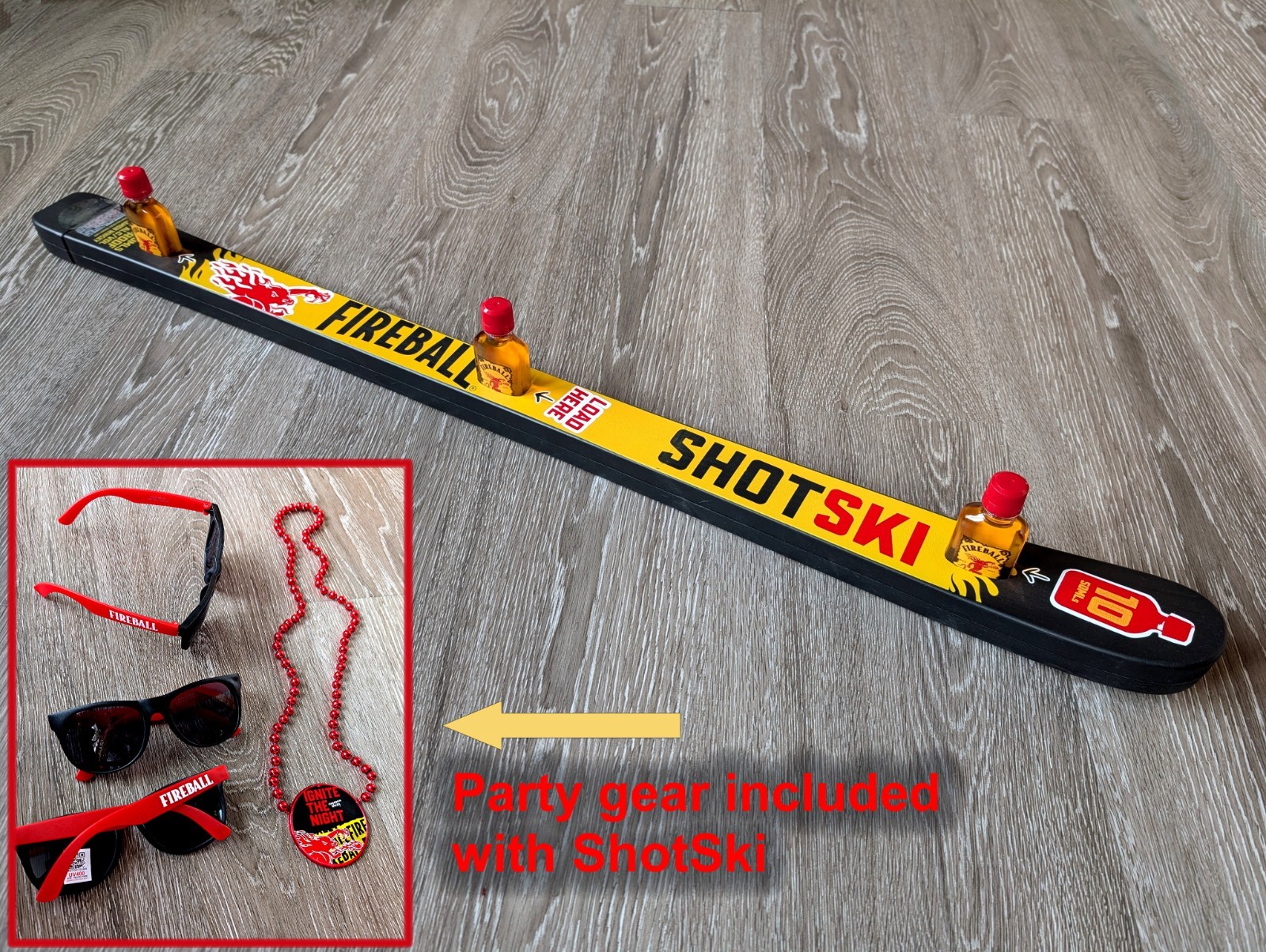 FIREBALL Cinnamon Whiskey Shot SKI 38" & Sunglasses & winner Medallion $40 value