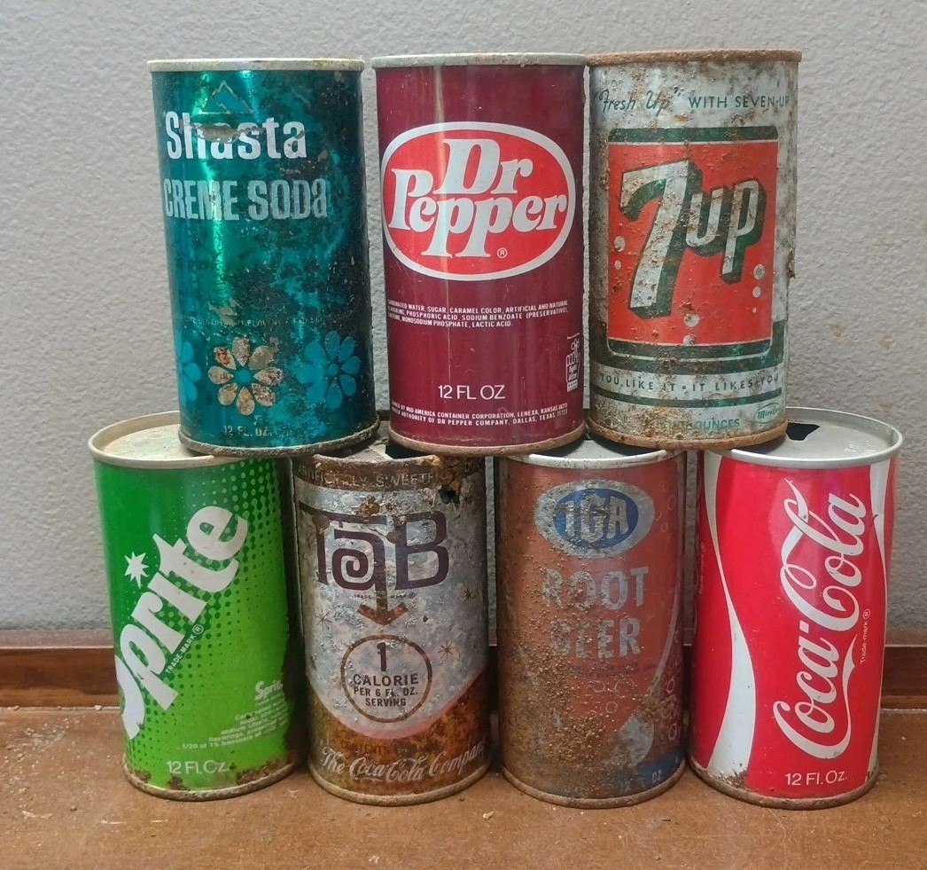 7 Vintage Pull Tab Soda Cans Coke Dr Pepper IGA Root Beer Sprite Shasta Tab 7UP