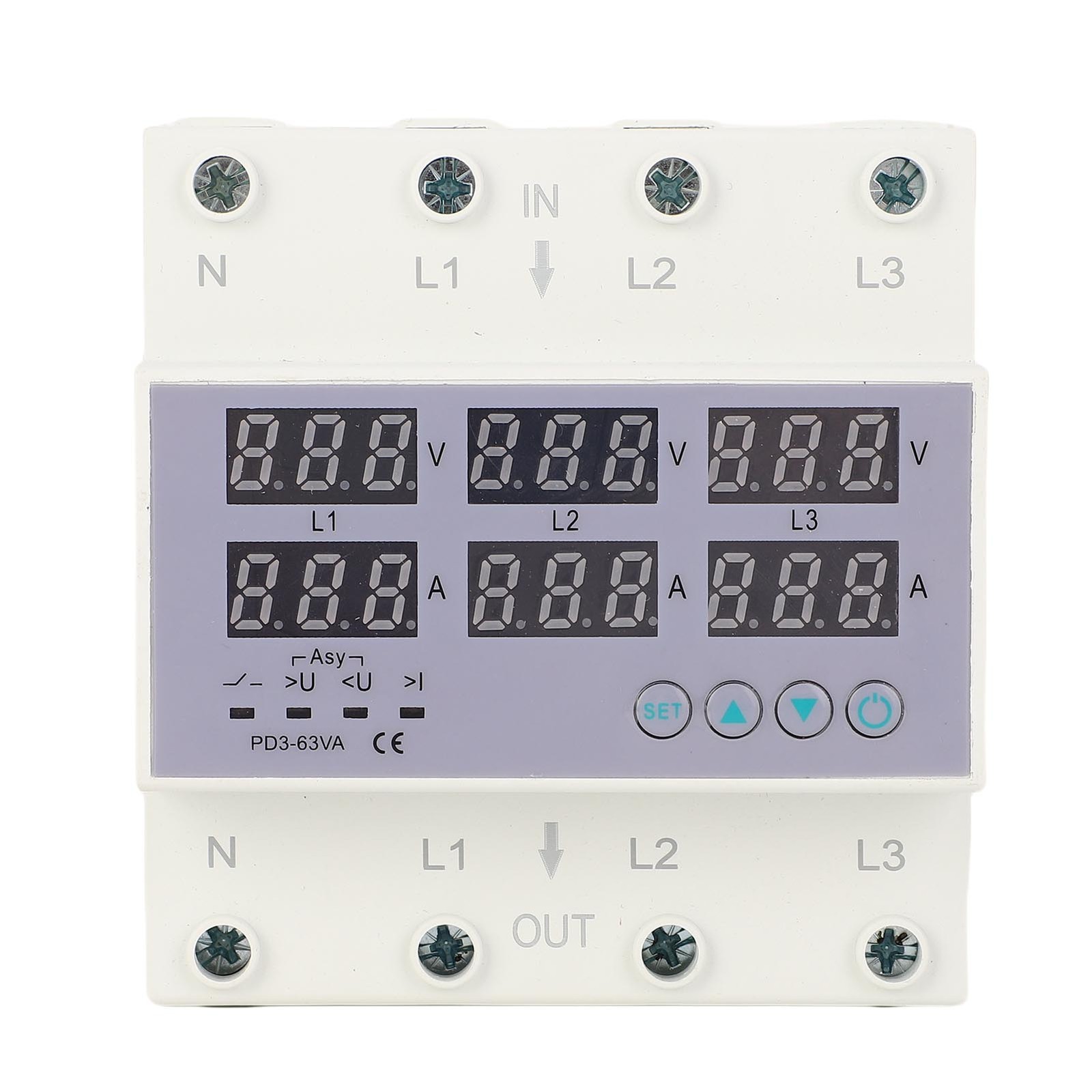 63A 3 Phase DIN Rail Voltmeter Ammeter Auto Overvoltage Overcurrent Protector AC