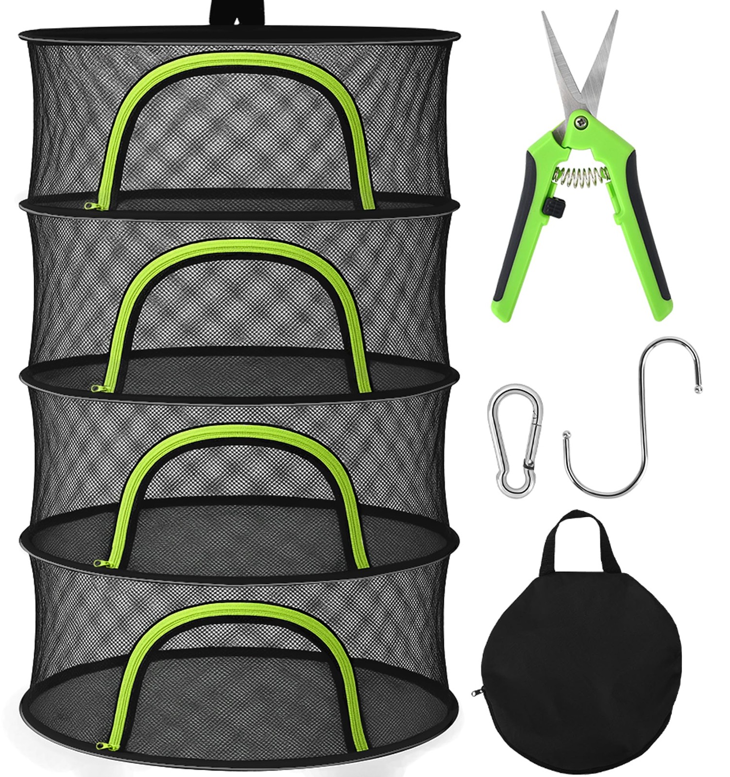 Herb Drying Rack Hanging Mesh 4 Layer 24" with Zipper, Garden Pruning Shear,Hook